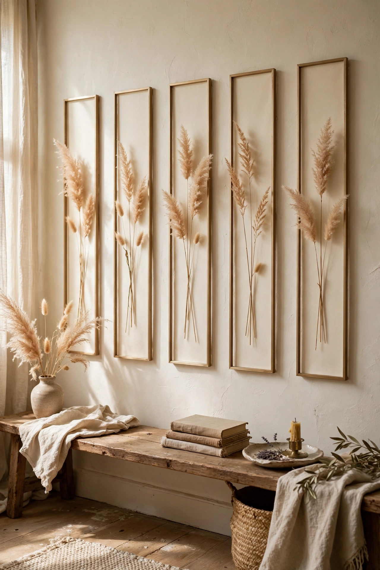 Row of tall slim frames with dried pampas grass stems