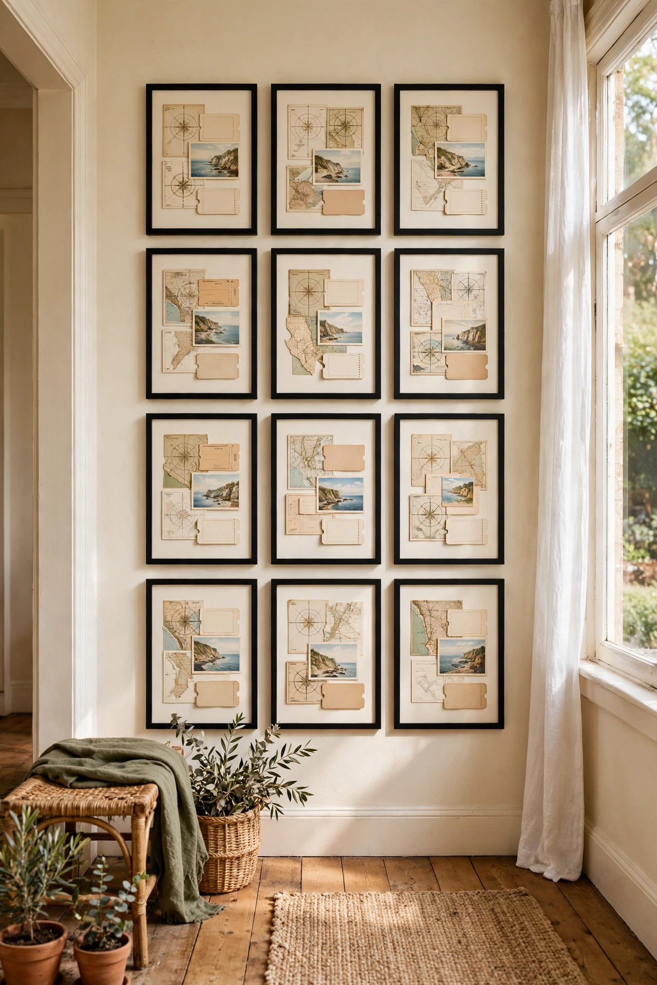 Neat grid of framed travel postcards tickets and maps in hallway
