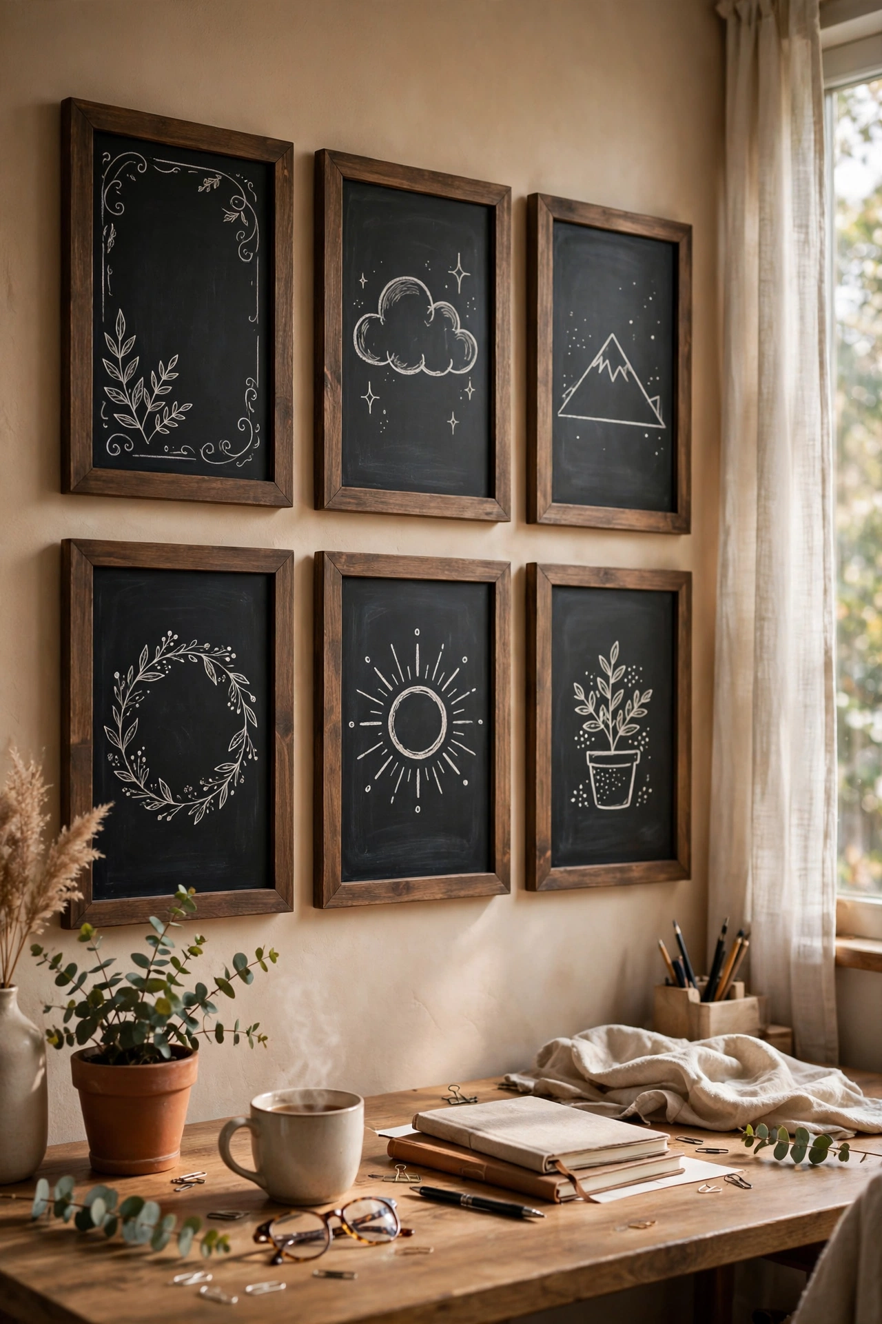 Matching frames with chalkboard quotes above a home office desk