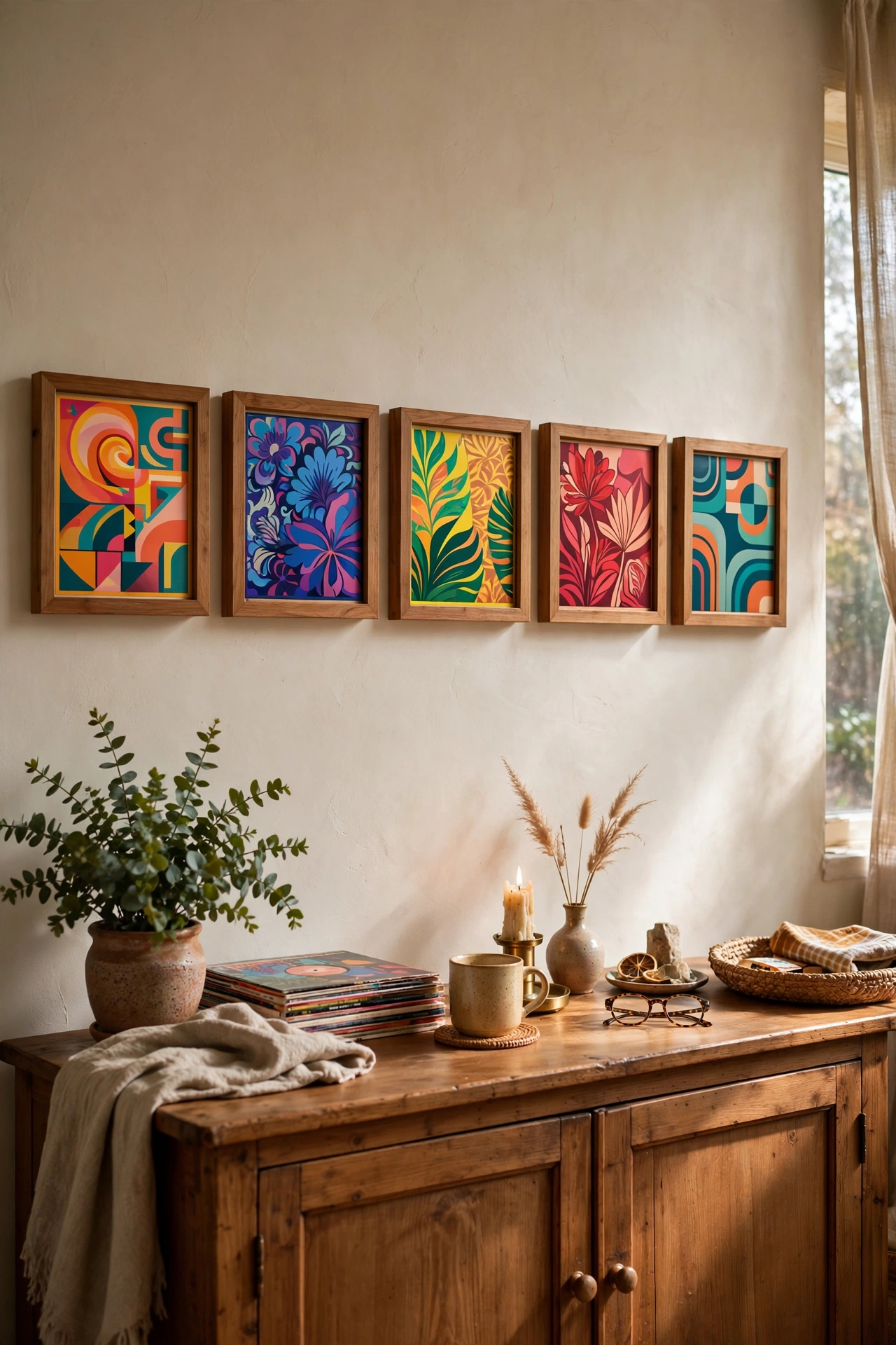 Horizontal row of framed vinyl record sleeves above a sideboard
