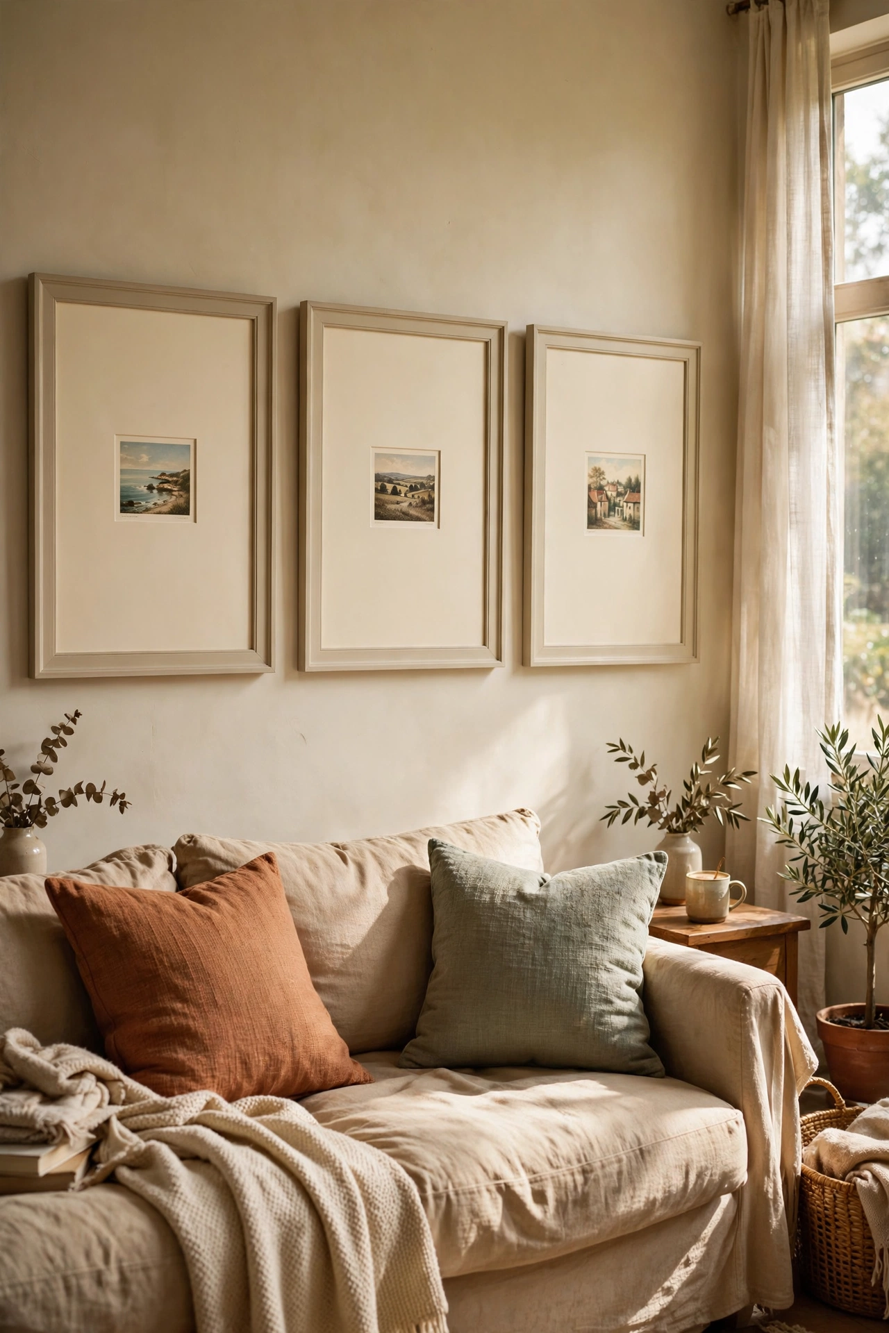 Three large frames with wide mounts around tiny prints above sofa