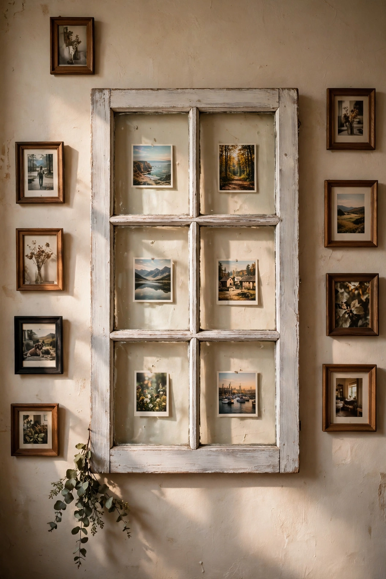 Reclaimed six-pane window frame with photos behind glass as wall centrepiece