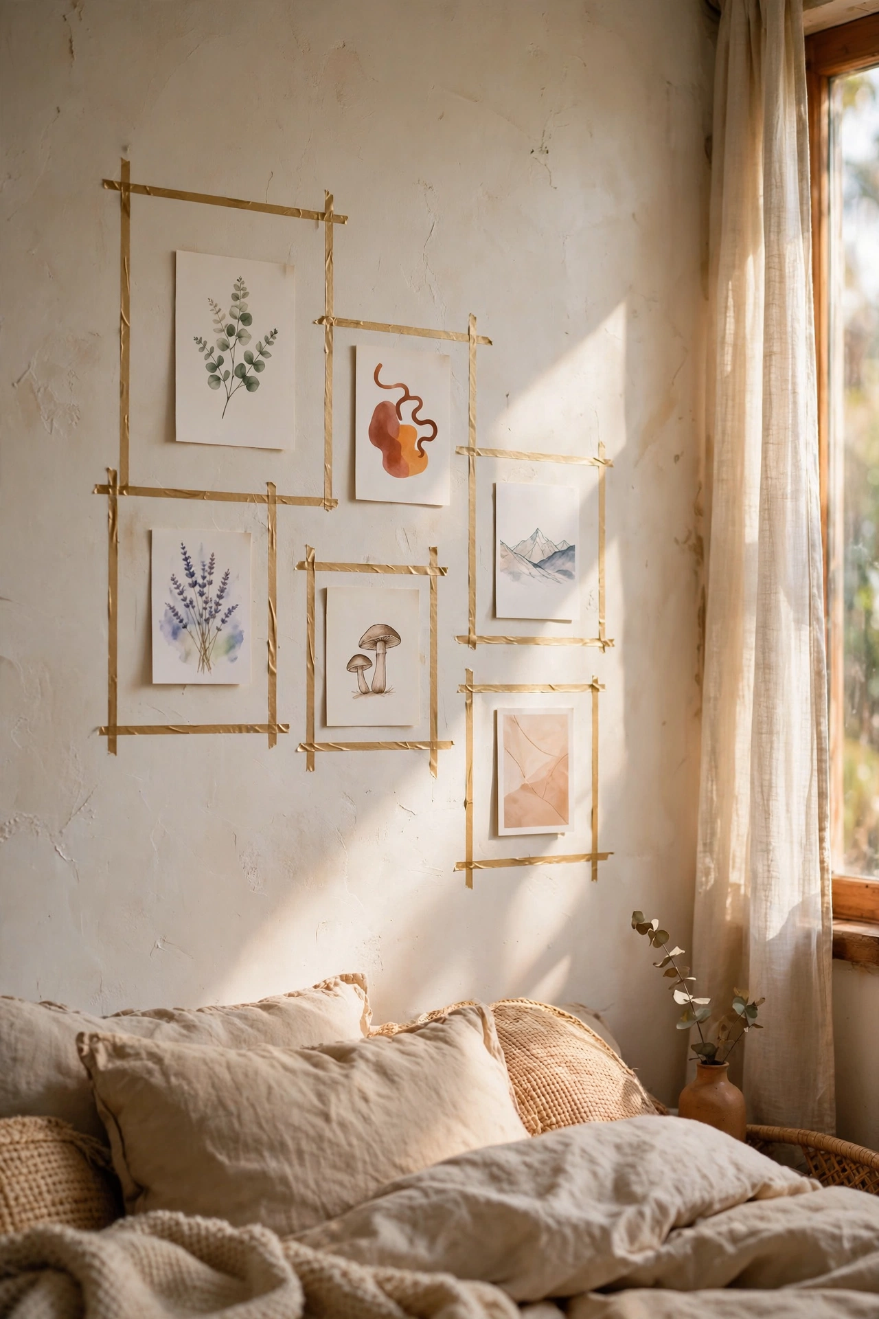 Gold washi tape rectangles framing small prints directly on wall