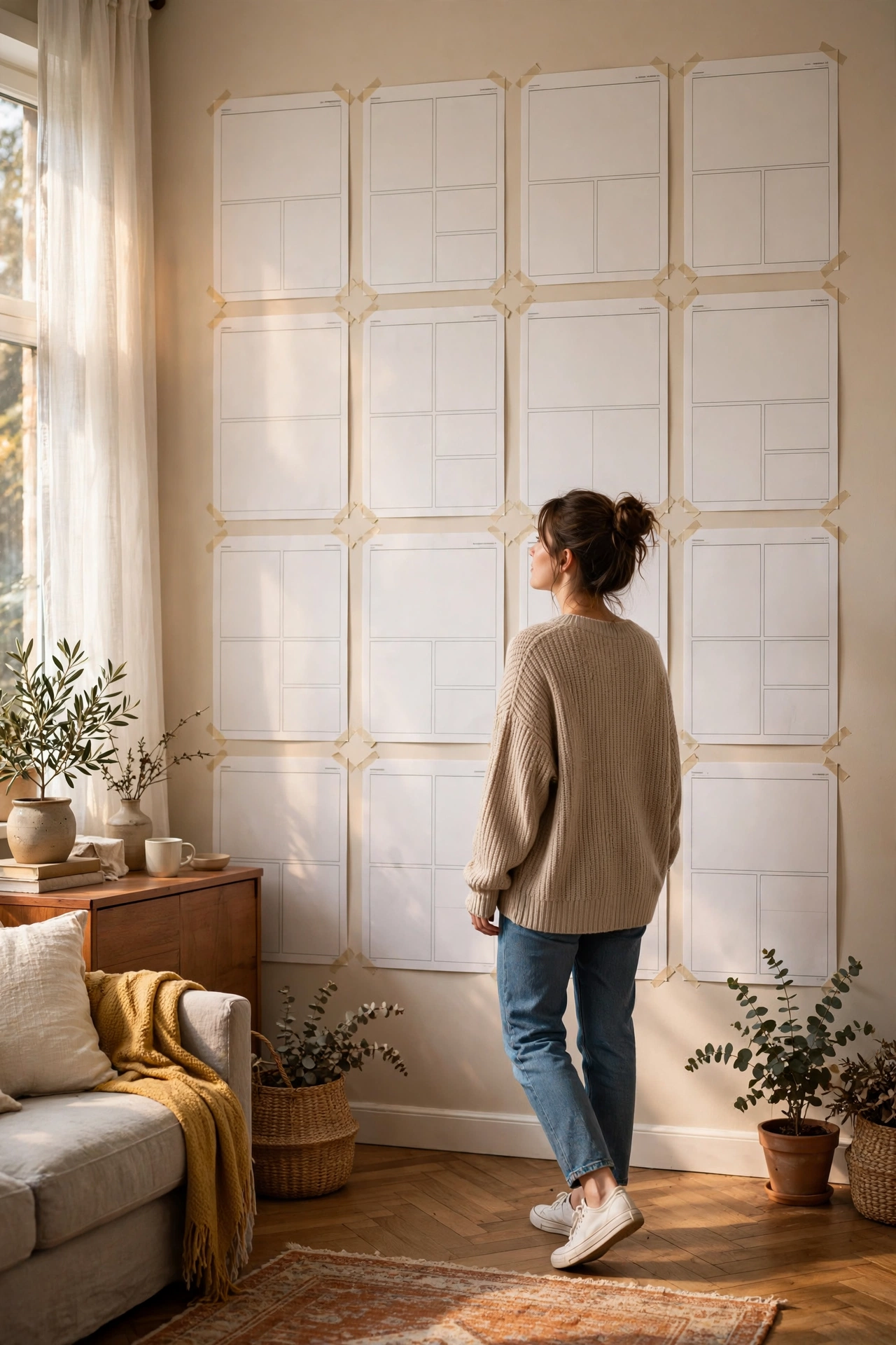 Paper templates taped on wall planning a symmetrical gallery arrangement
