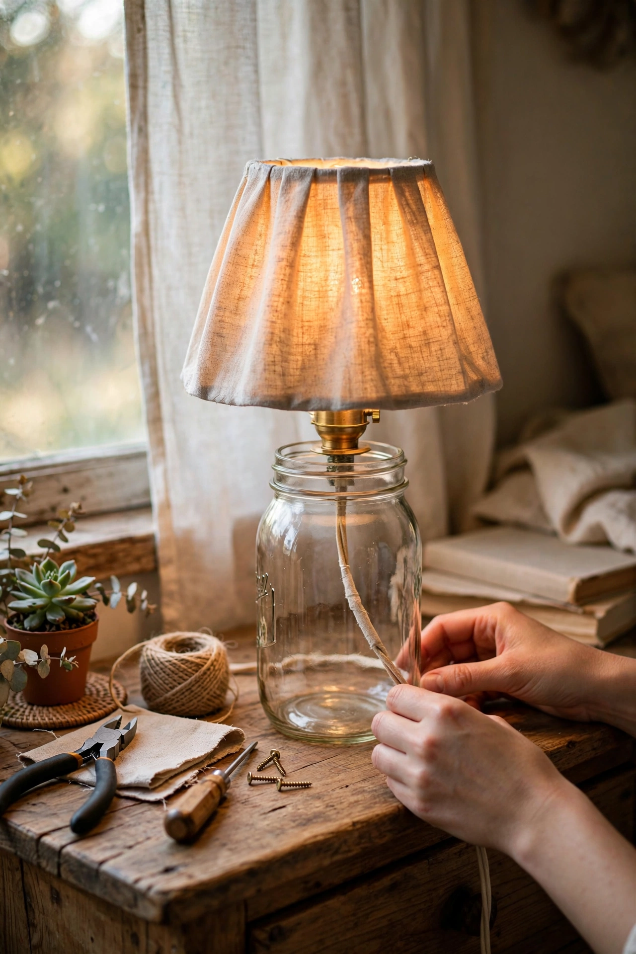 Mason jar table lamp with clip-on shade on a nightstand
