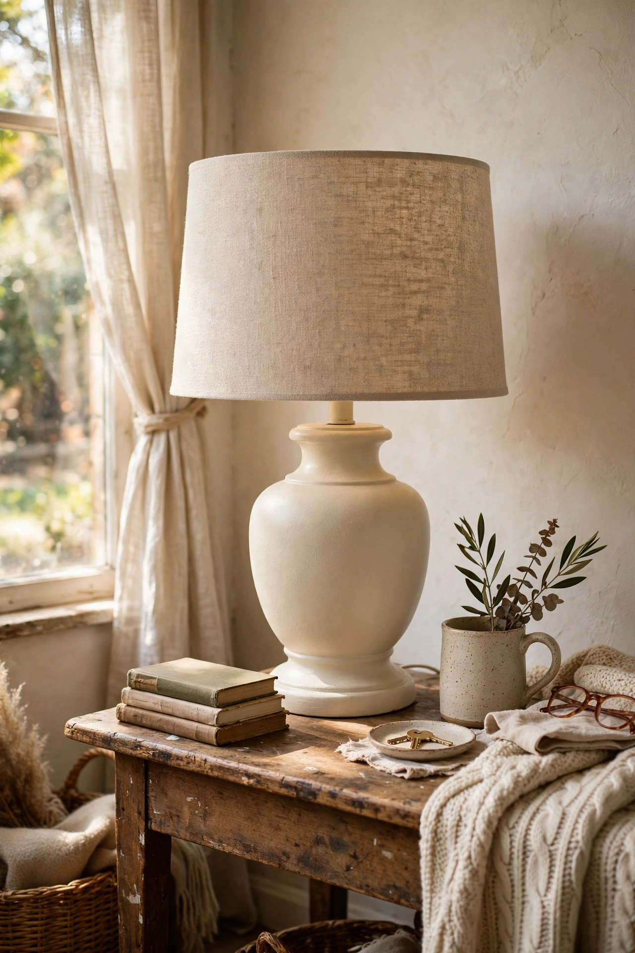 Thrifted lamp base spray painted cream with new linen drum shade