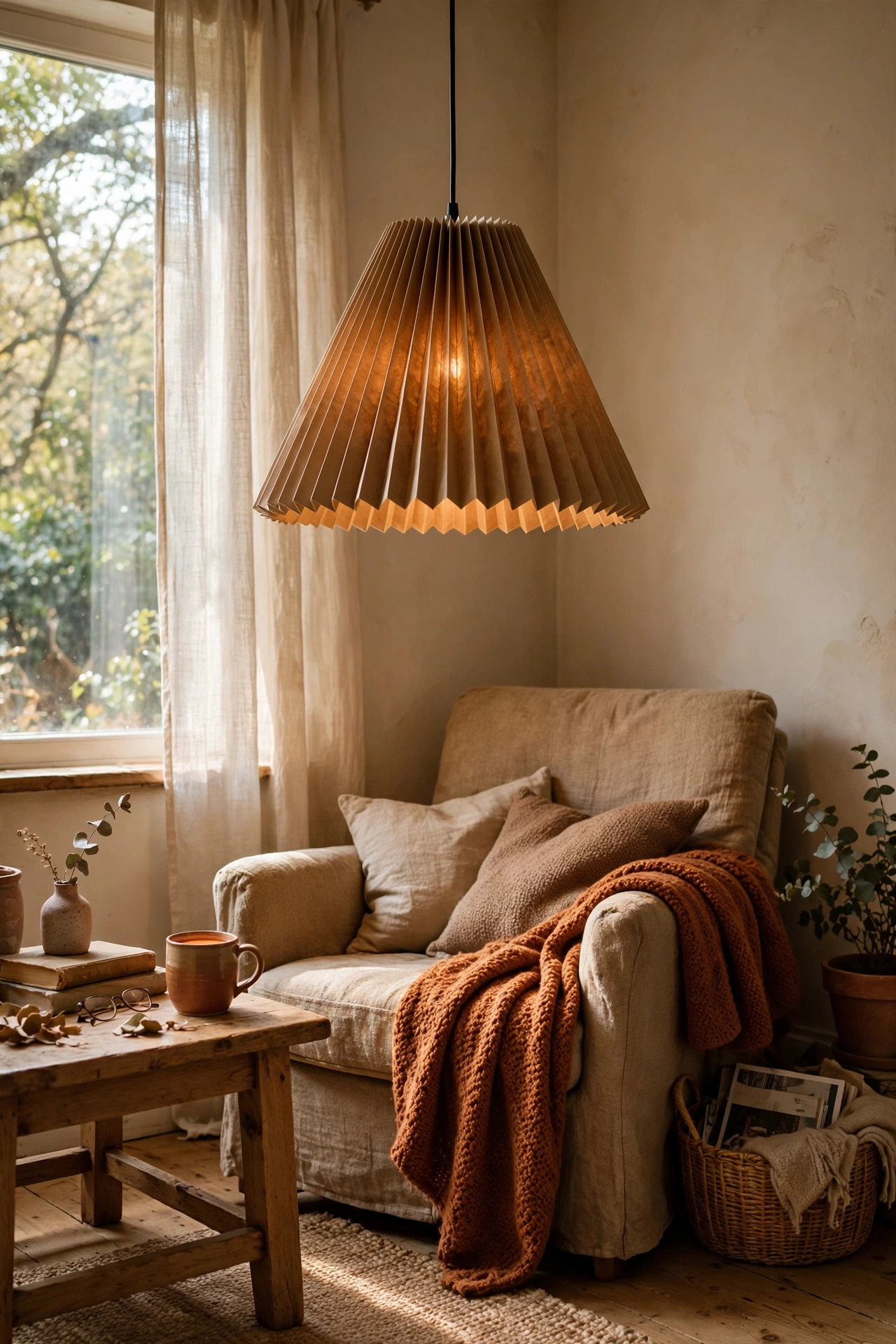 Brown paper bag pendant shade with accordion pleats over a table