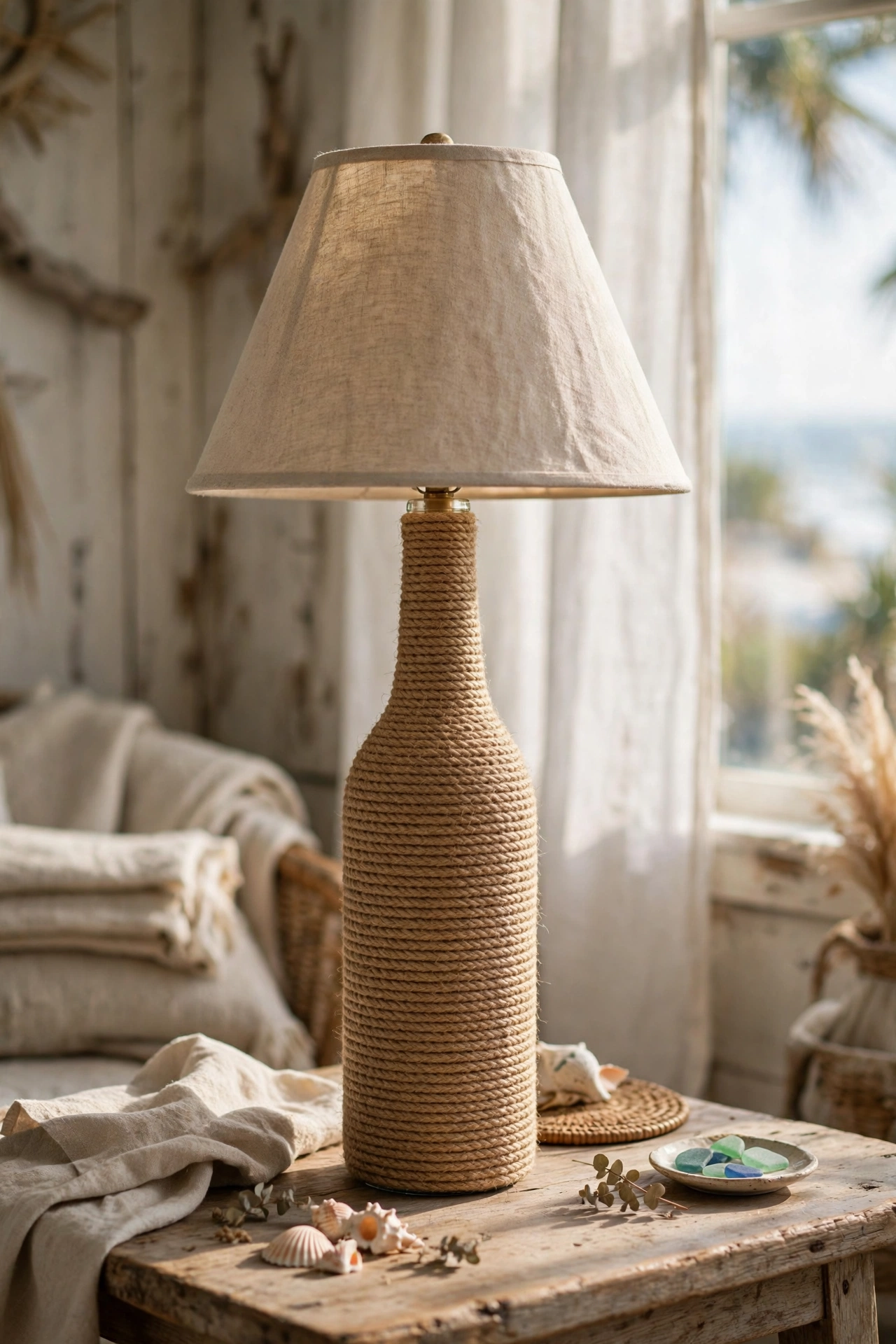 Glass bottle lamp base wrapped tightly in jute rope