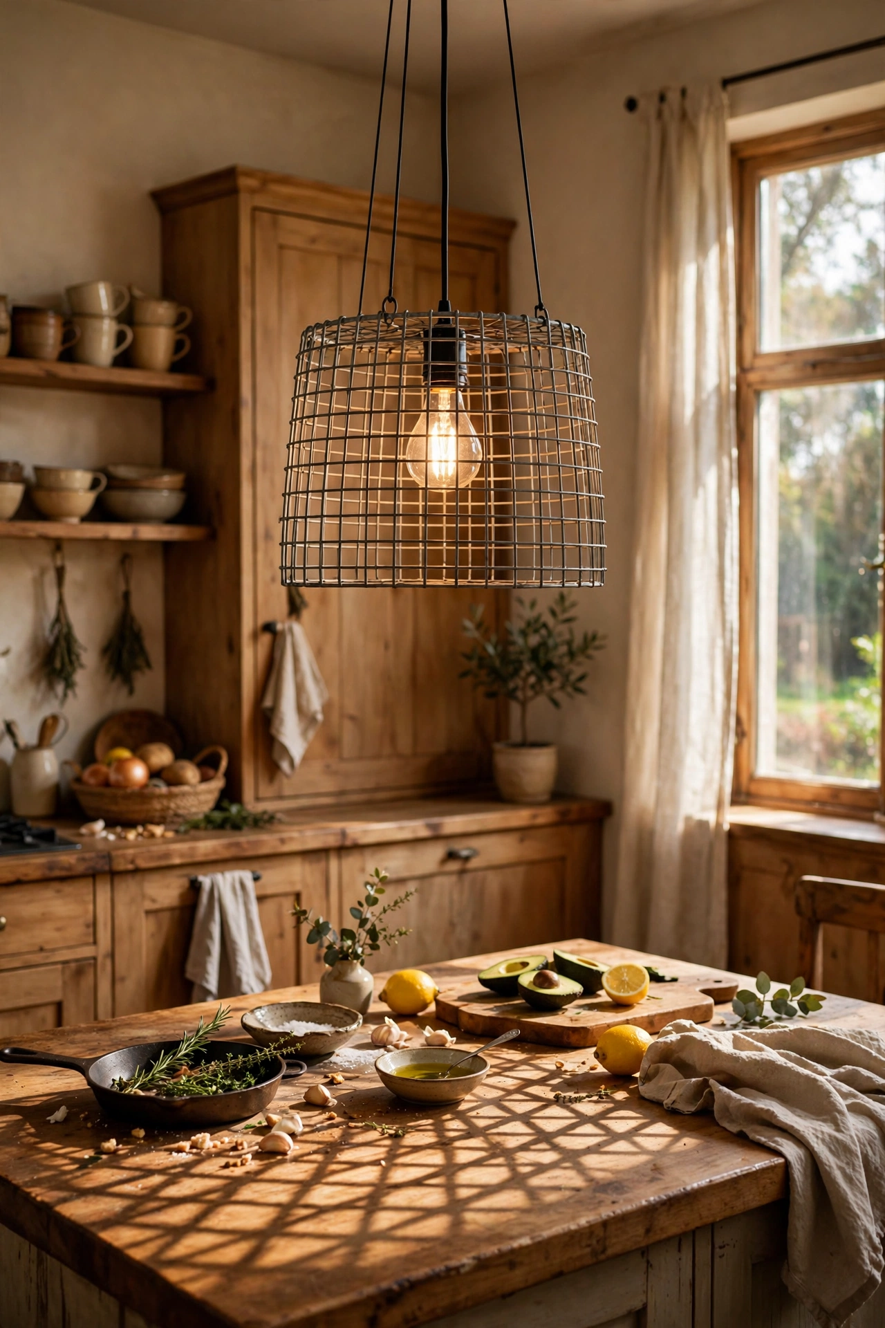 Wire basket pendant light over a kitchen island