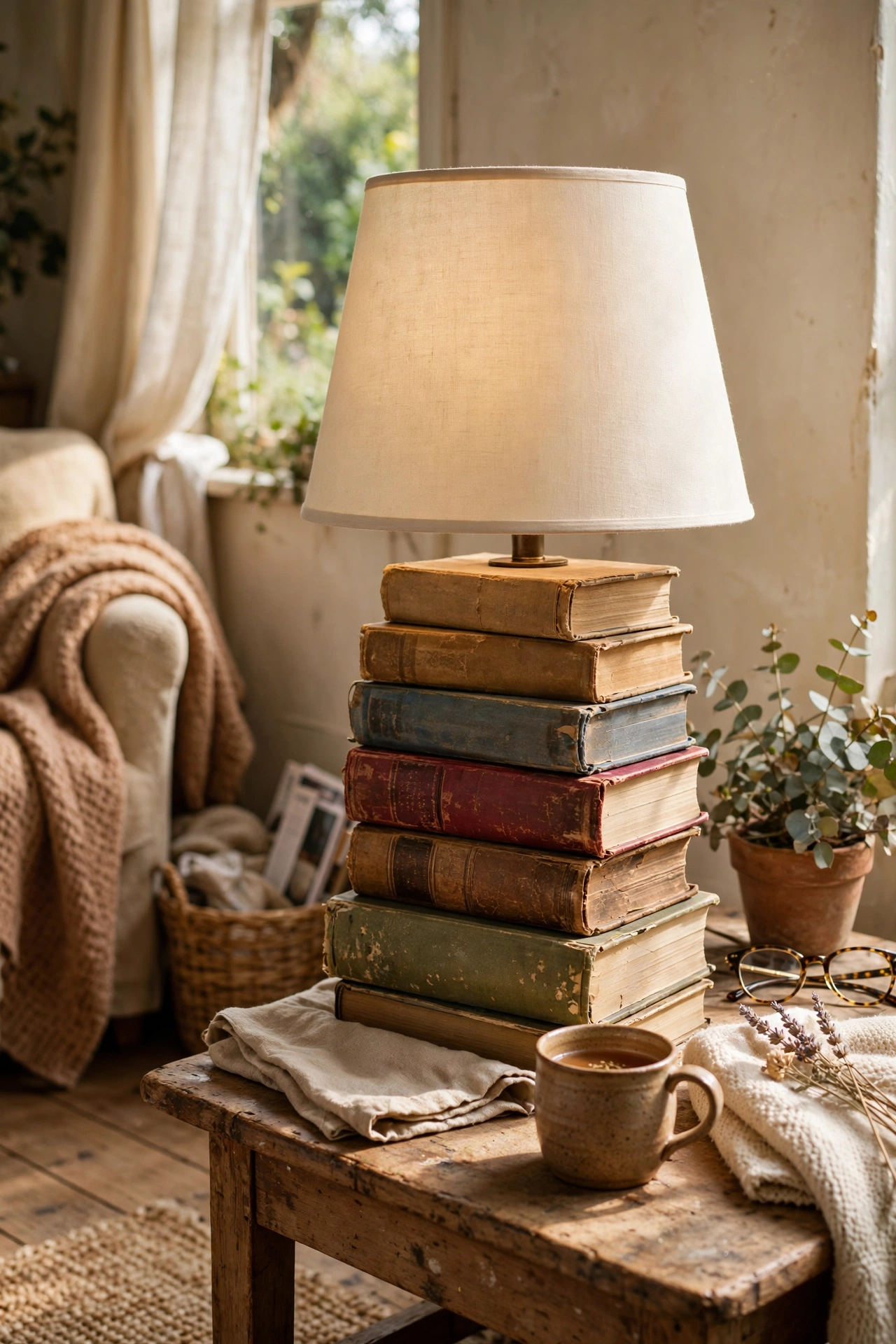 Table lamp made from a stack of old hardback books