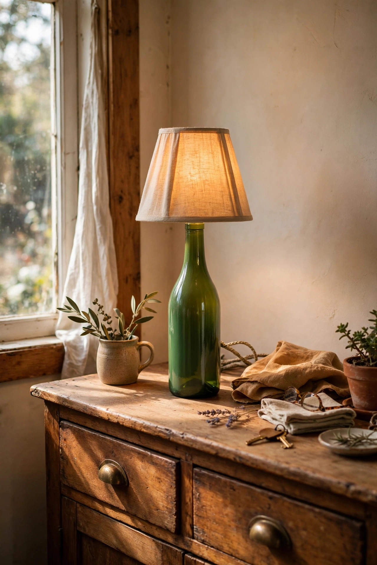 Green wine bottle lamp with small tapered shade on sideboard