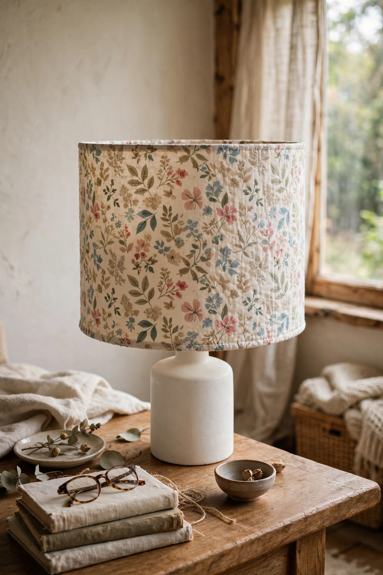 Handmade drum lampshade in floral fabric on a simple base