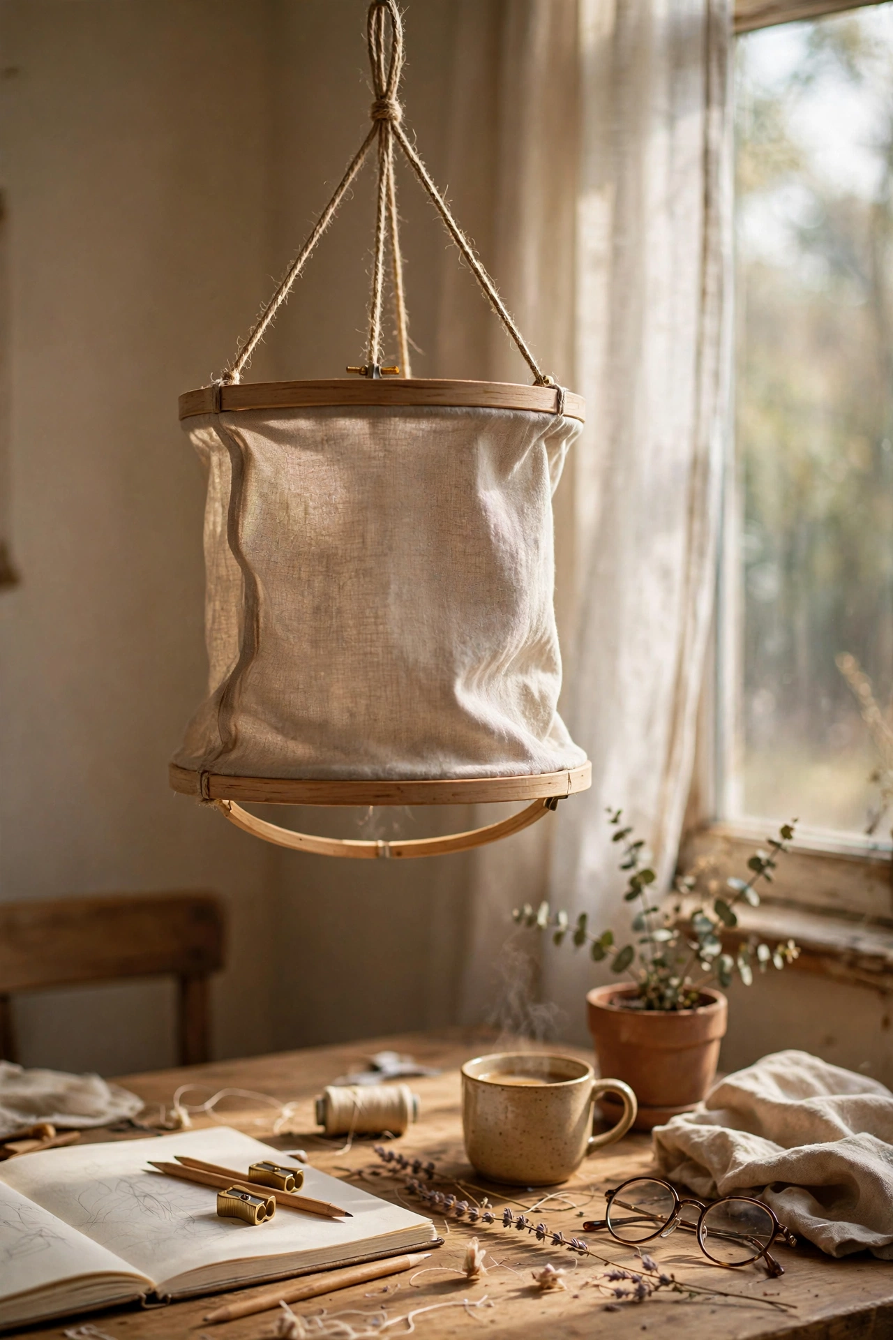 Fabric pendant shade stretched between two embroidery hoops