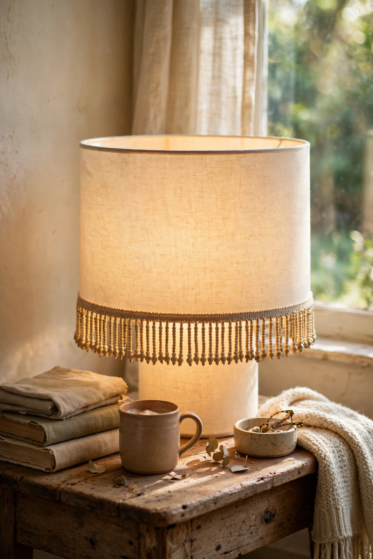 Cream drum shade with beaded fringe trim glowing warmly