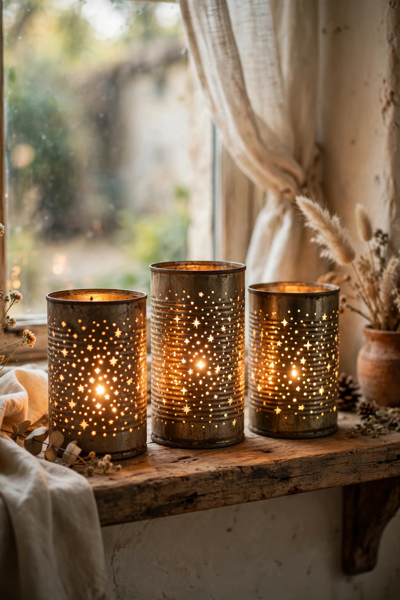 Punched tin can lanterns glowing with starry dot patterns