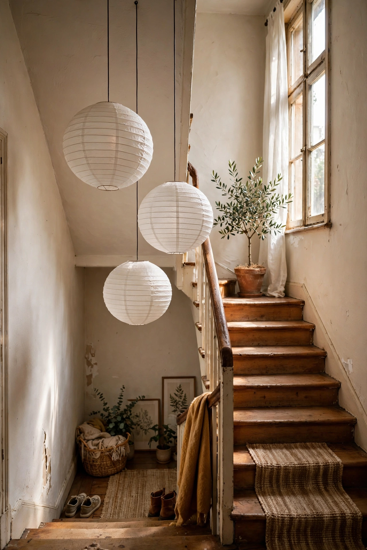 Cluster of three paper lanterns at staggered heights in stairwell