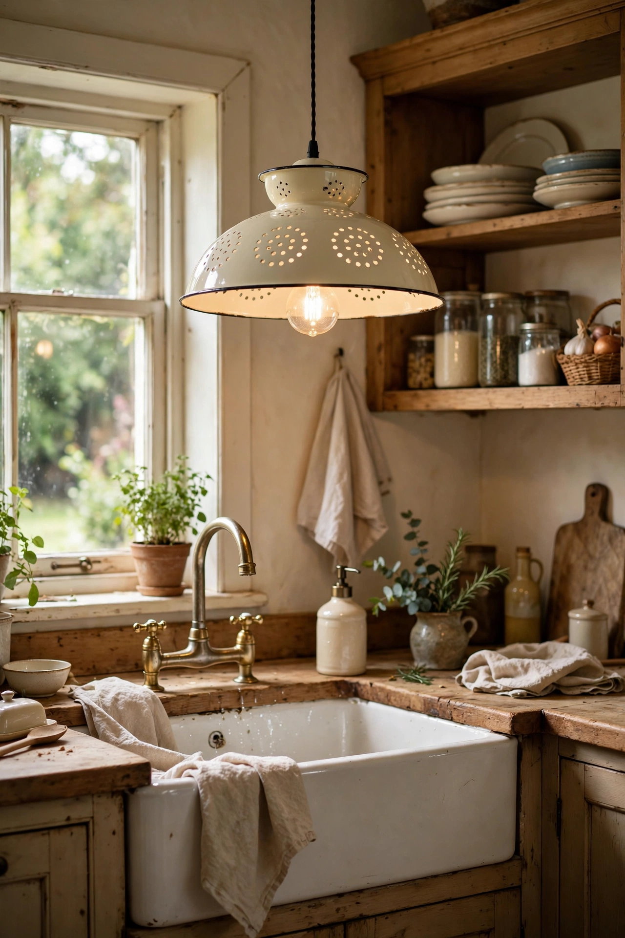 Cream enamel colander pendant light over a kitchen sink