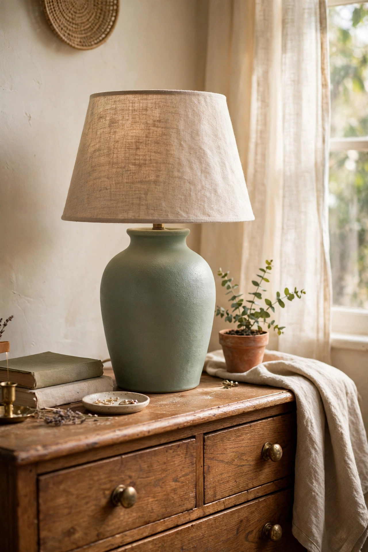 Sage painted ceramic vase lamp with linen shade