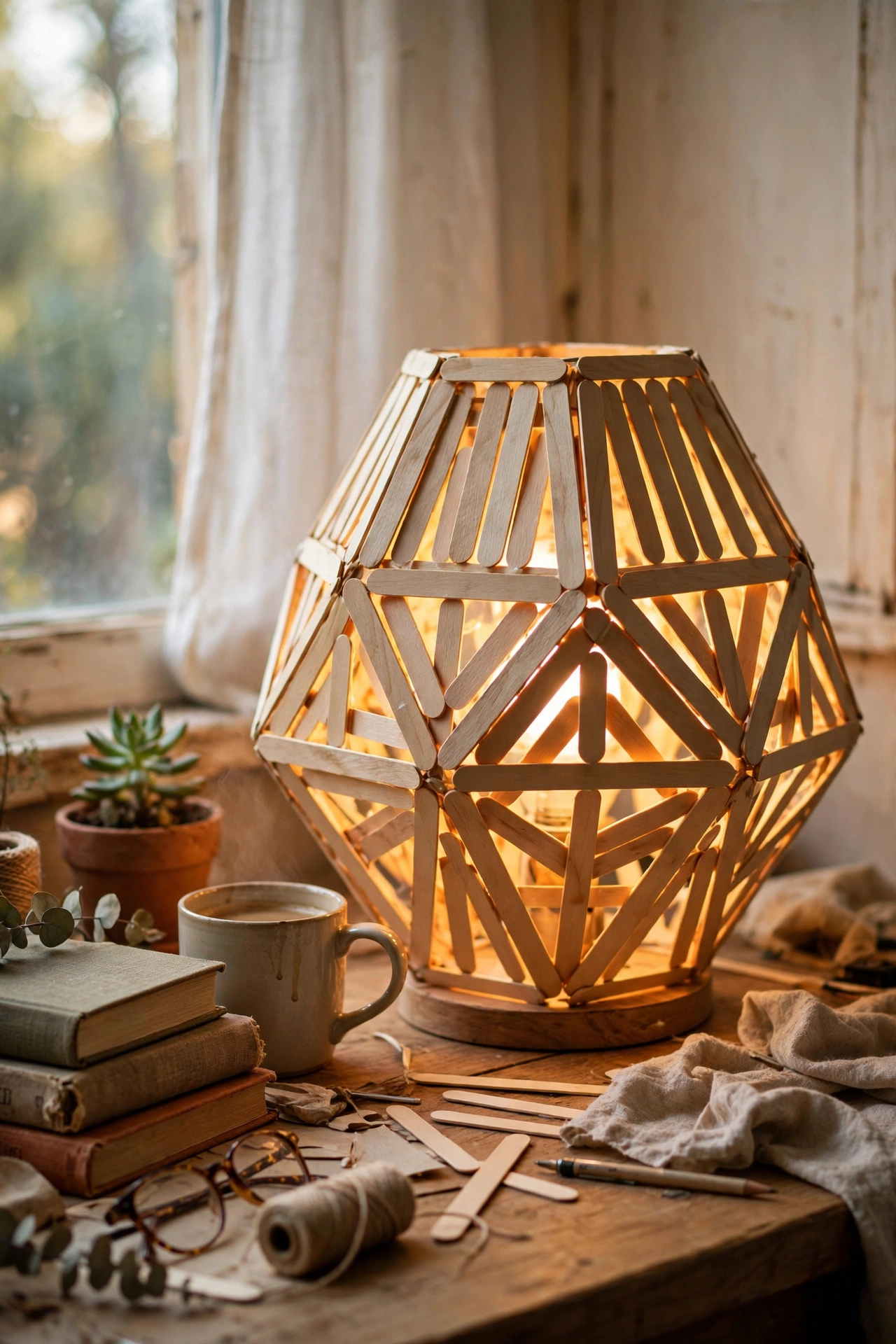 Geometric craft stick table lamp shade with warm glow