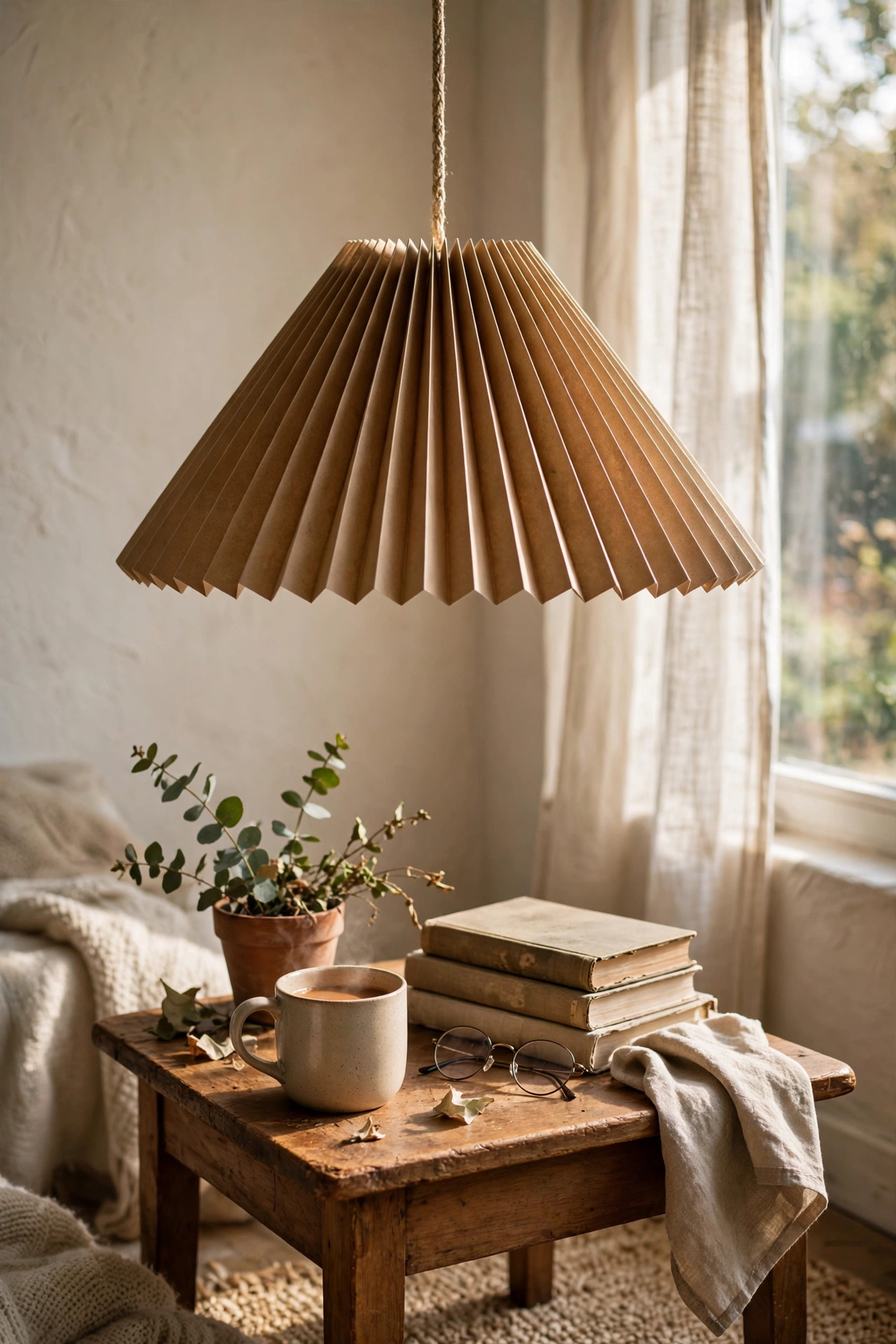 Pleated kraft paper pendant shade over a side table