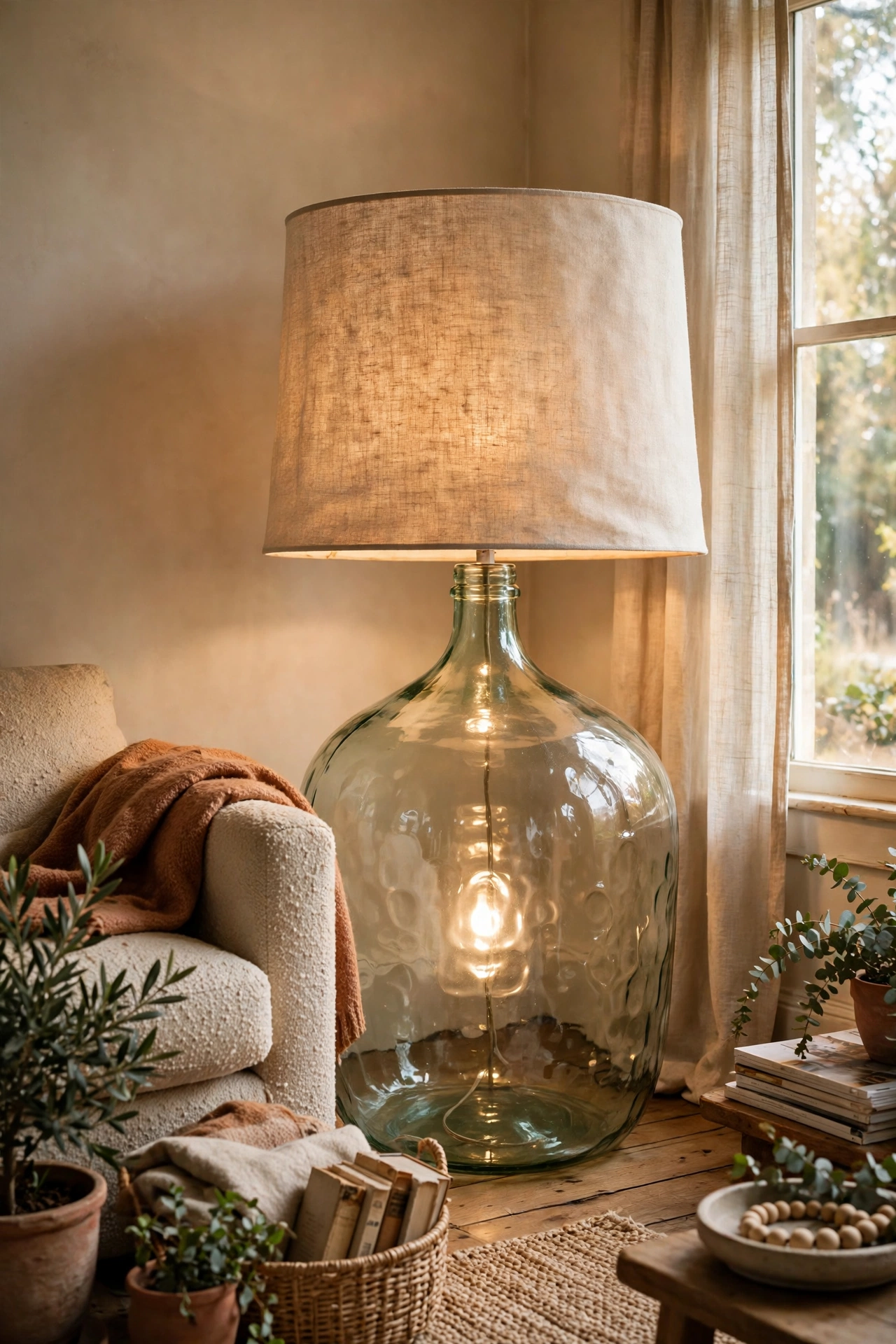 Large glass demijohn floor lamp with oversized drum shade
