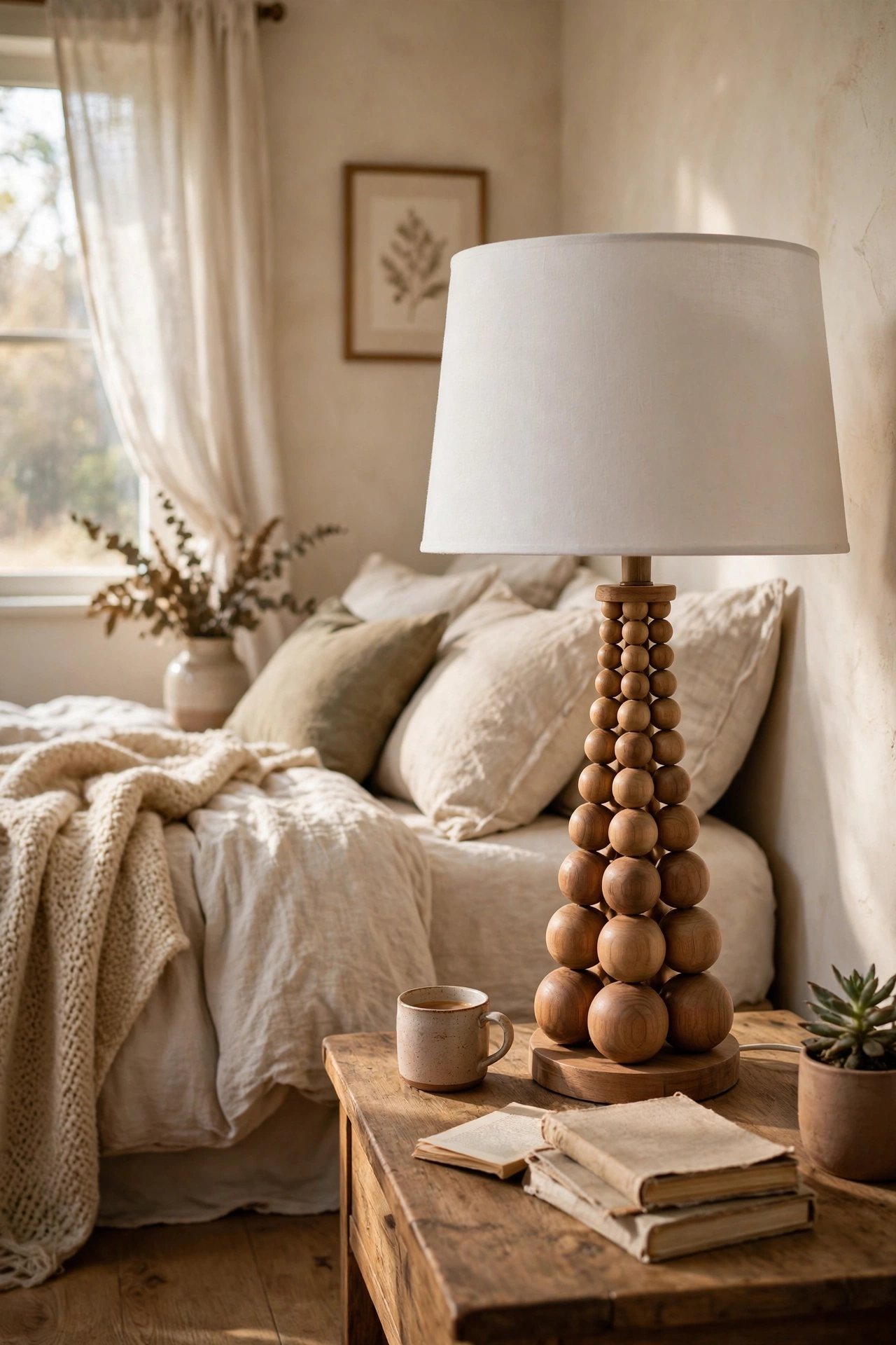 Table lamp base made of graduated natural wooden beads