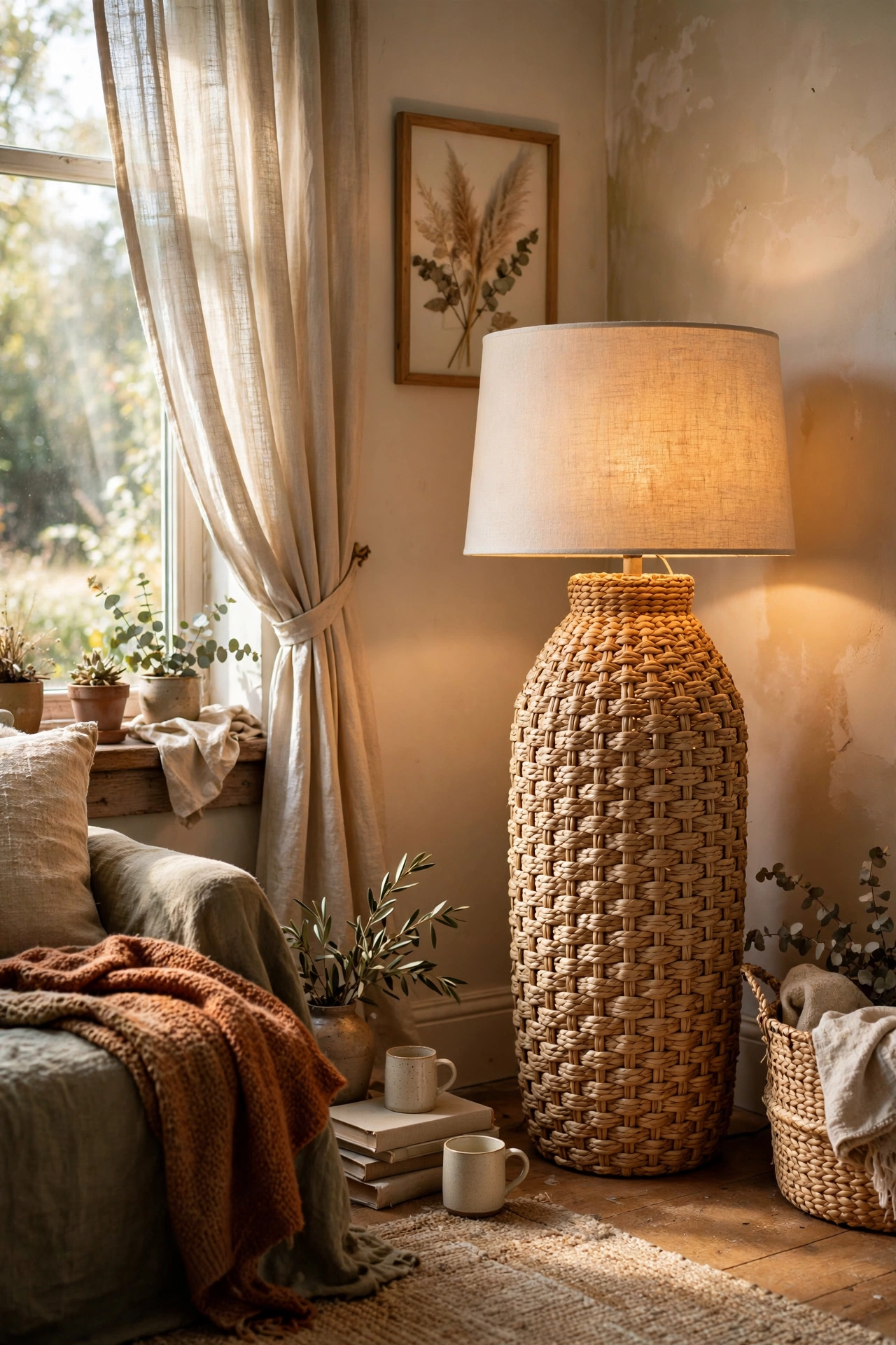 Tall seagrass basket floor lamp glowing in a corner