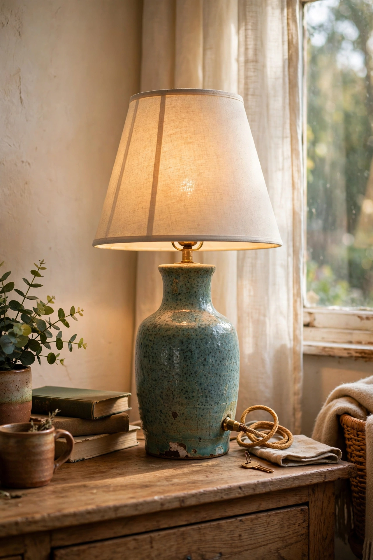 Rescued ceramic thrift lamp with new cord and tapered shade