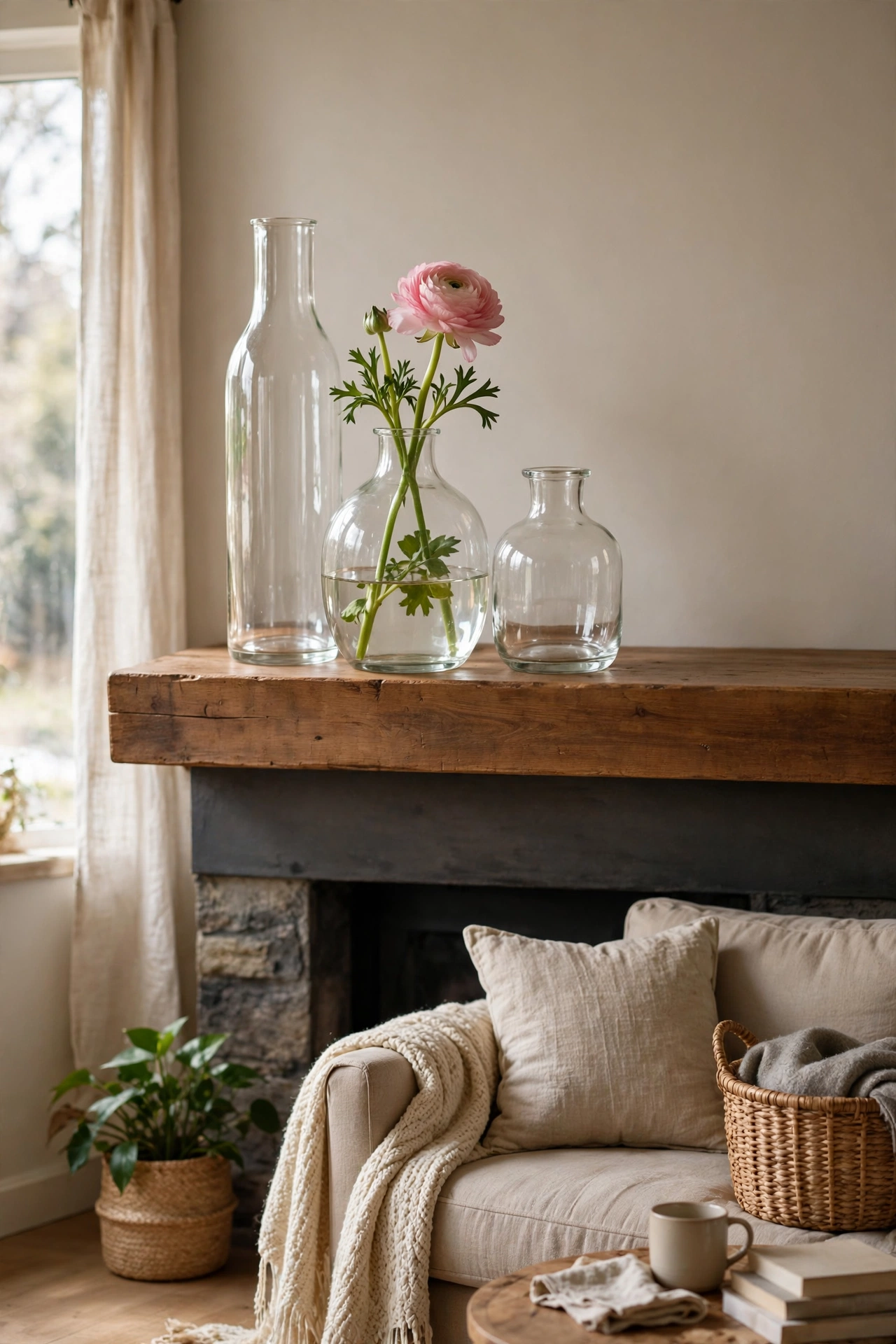 Three dollar store glass vases in different heights styled on a budget living room mantel