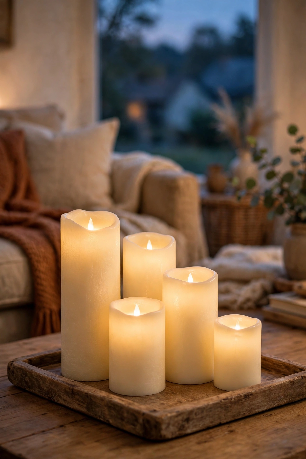 Cluster of flameless LED pillar candles glowing on a tray in a cozy living room