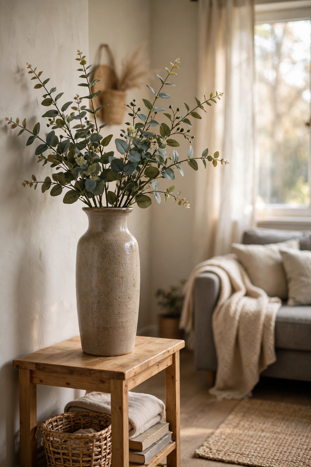 Dollar store faux eucalyptus stems in a tall vase on a living room side table