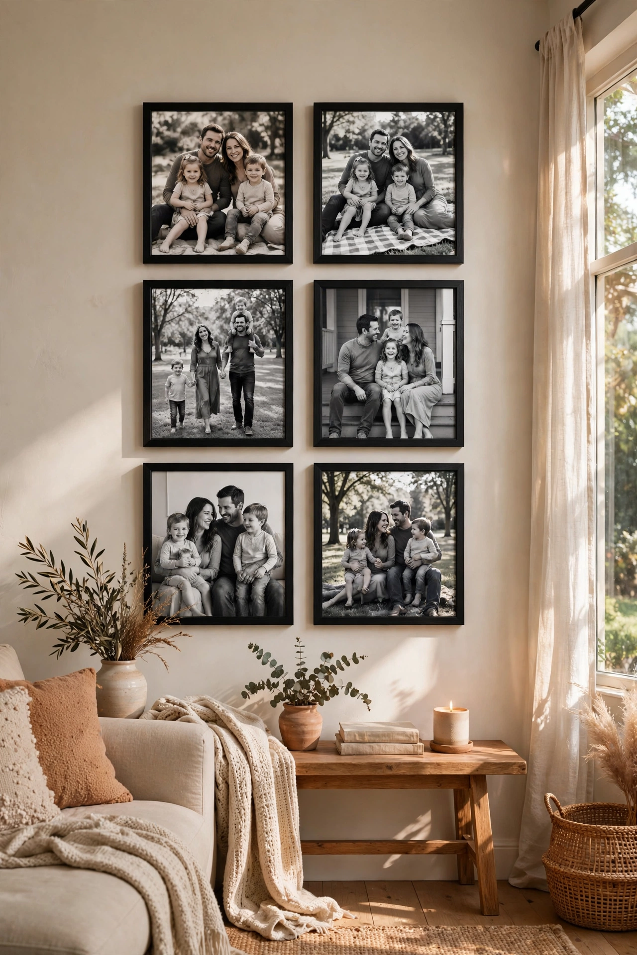 Grid of six matching black dollar store frames with black and white photos on a living room wall