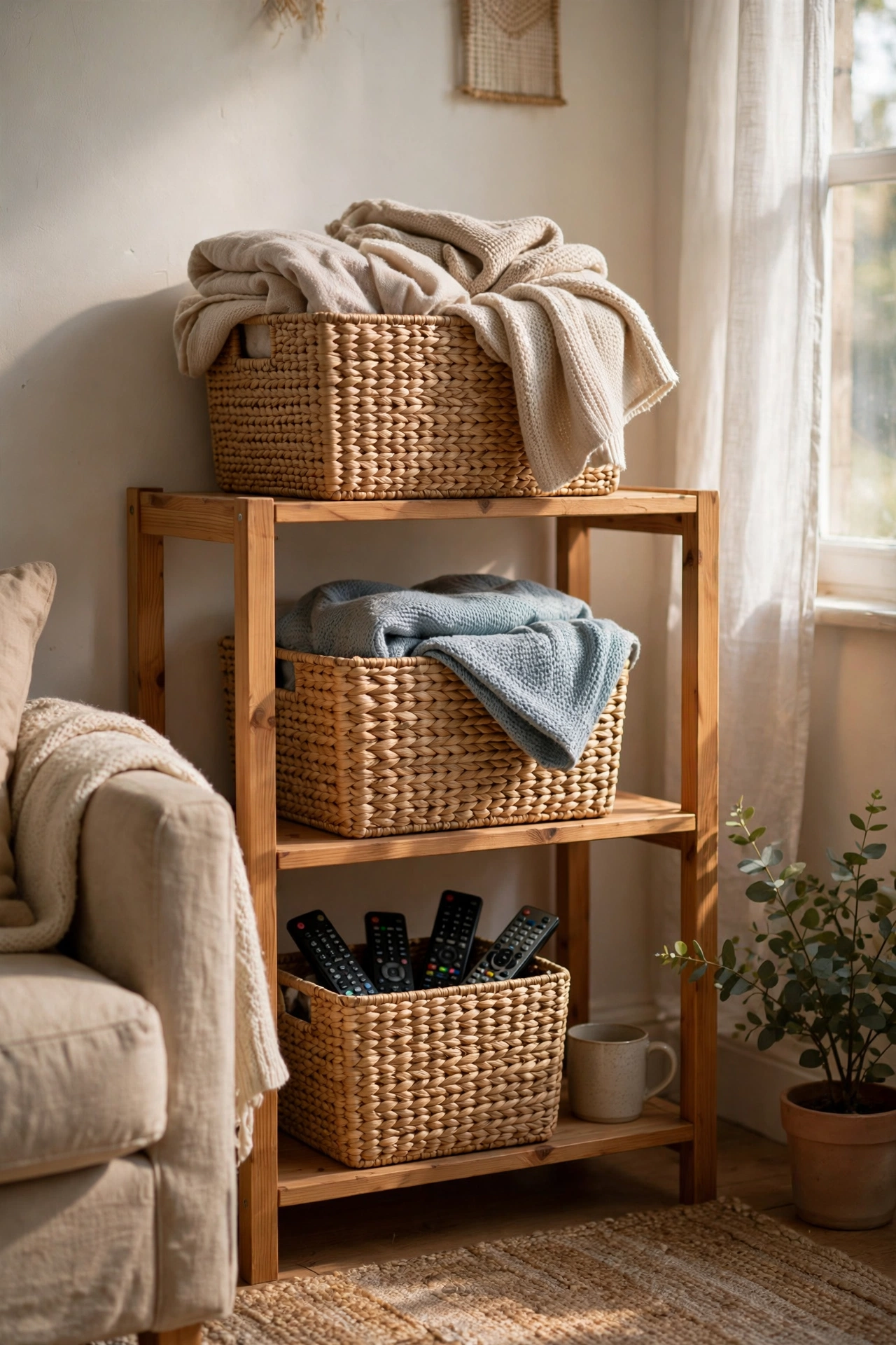 Woven-look dollar store storage baskets lined up on open living room shelving