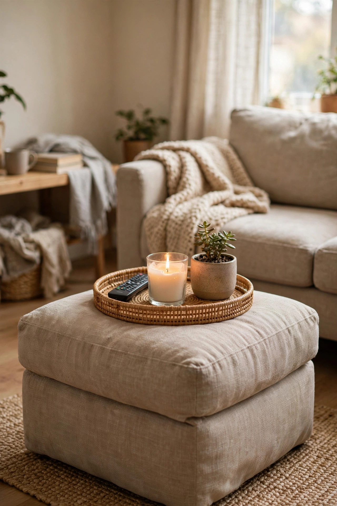 Dollar store decorative tray styled with a candle and plant on a living room ottoman