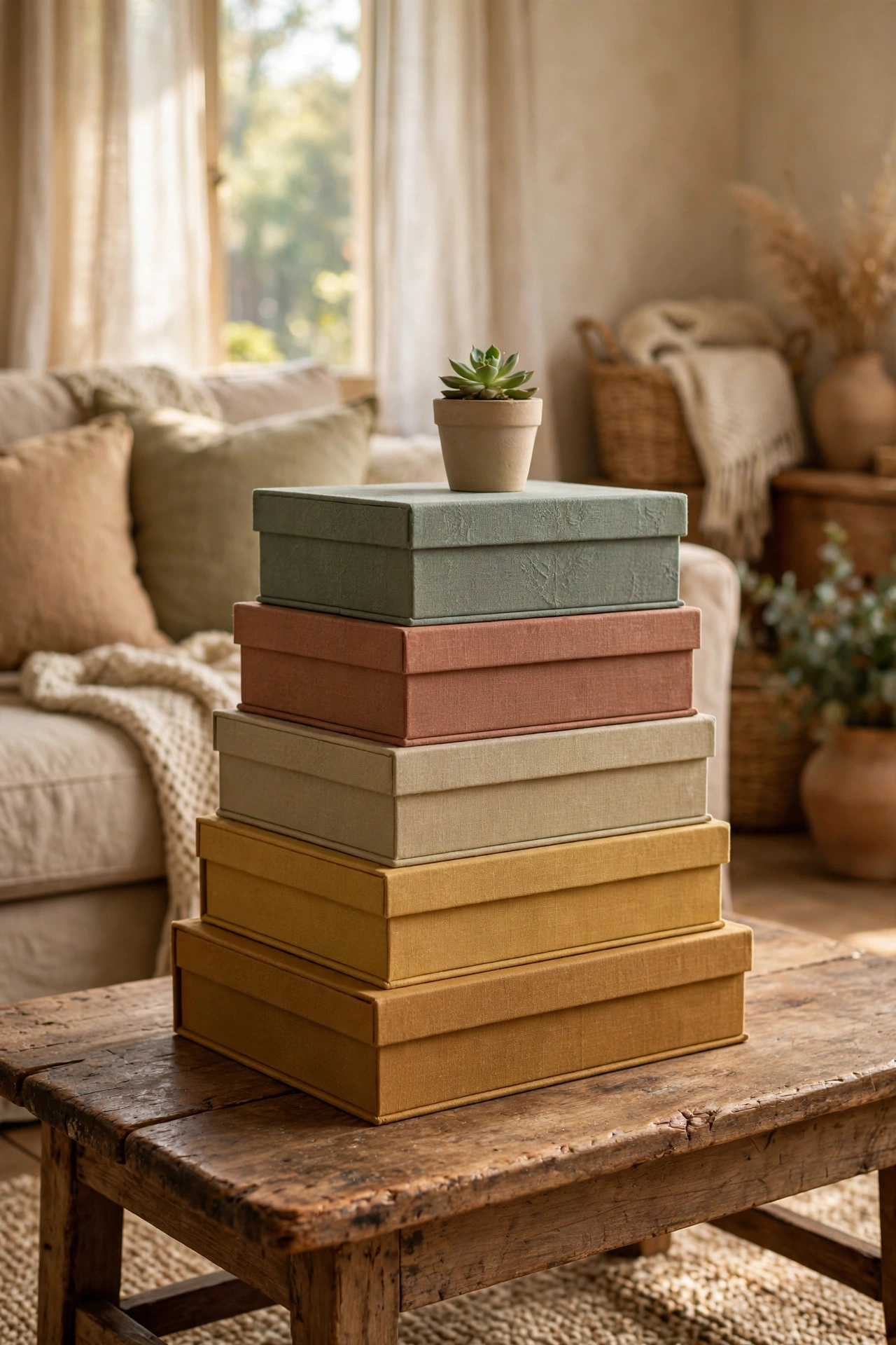 Stack of decorative book-shaped boxes on a budget living room coffee table