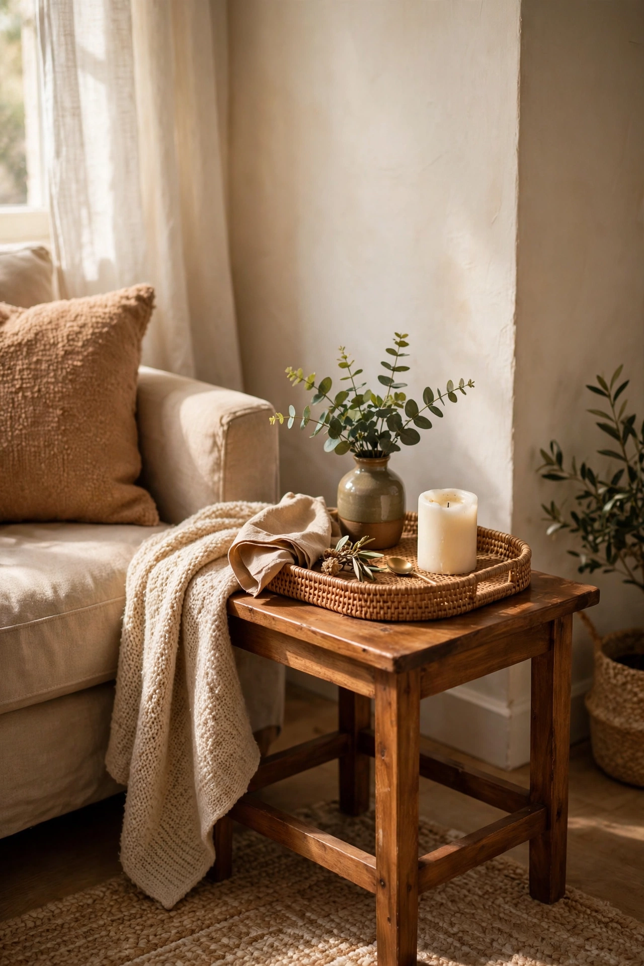 Styled vignette with dollar store candle tray and greenery on a living room side table