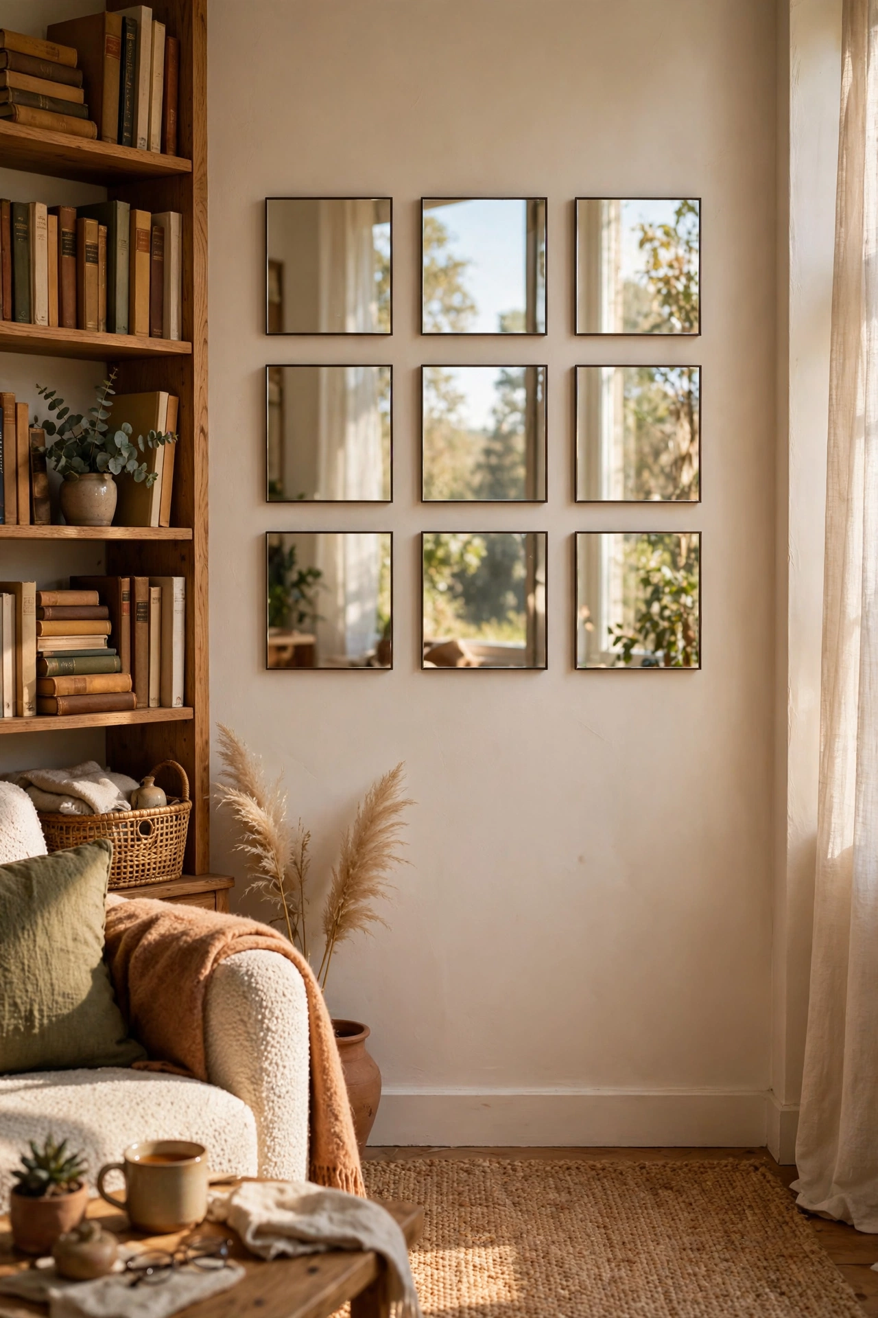 Grid of small dollar store mirror tiles creating a light-boosting wall accent in a living room