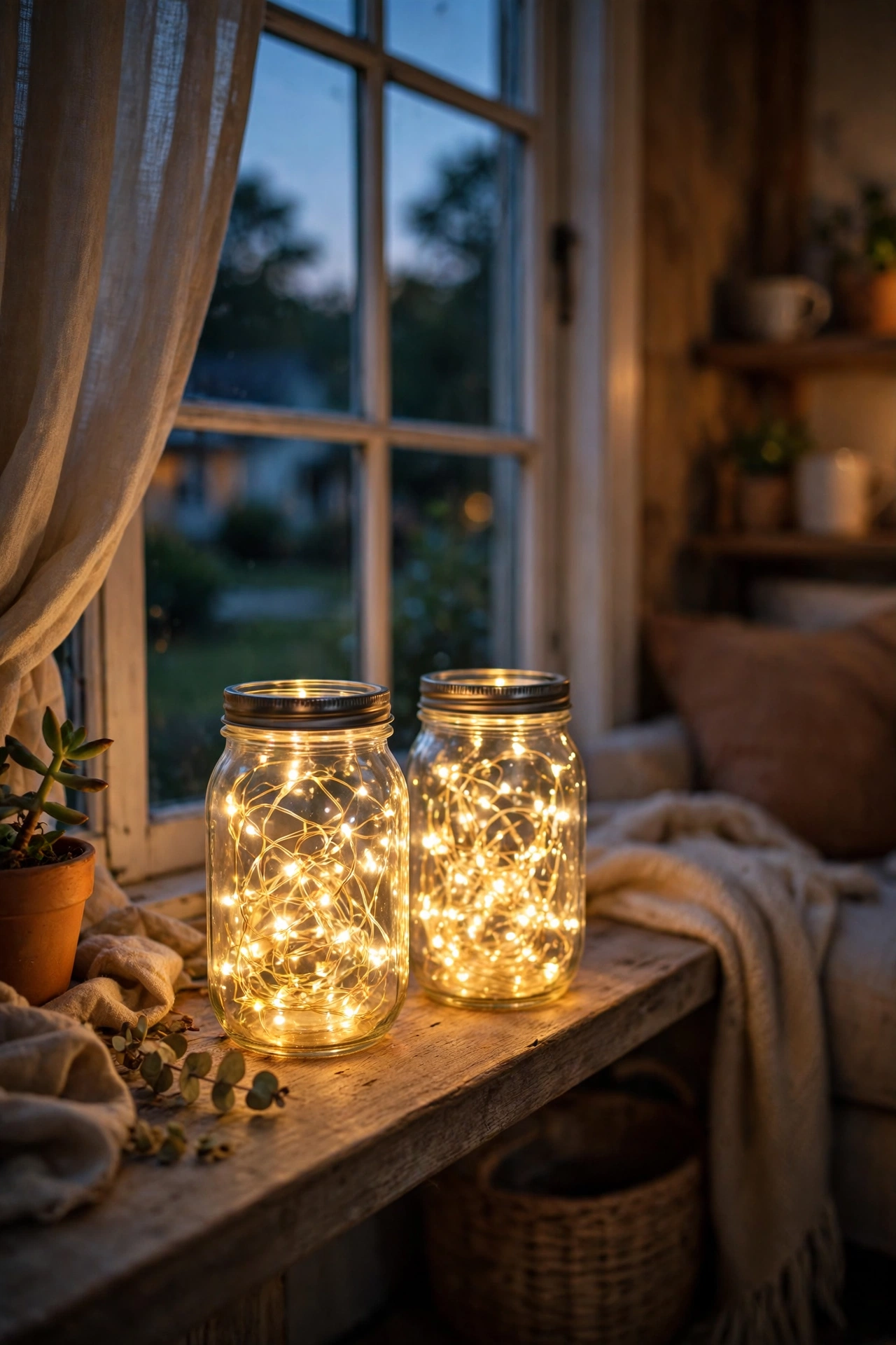 Mason jars filled with warm fairy lights glowing on a living room windowsill