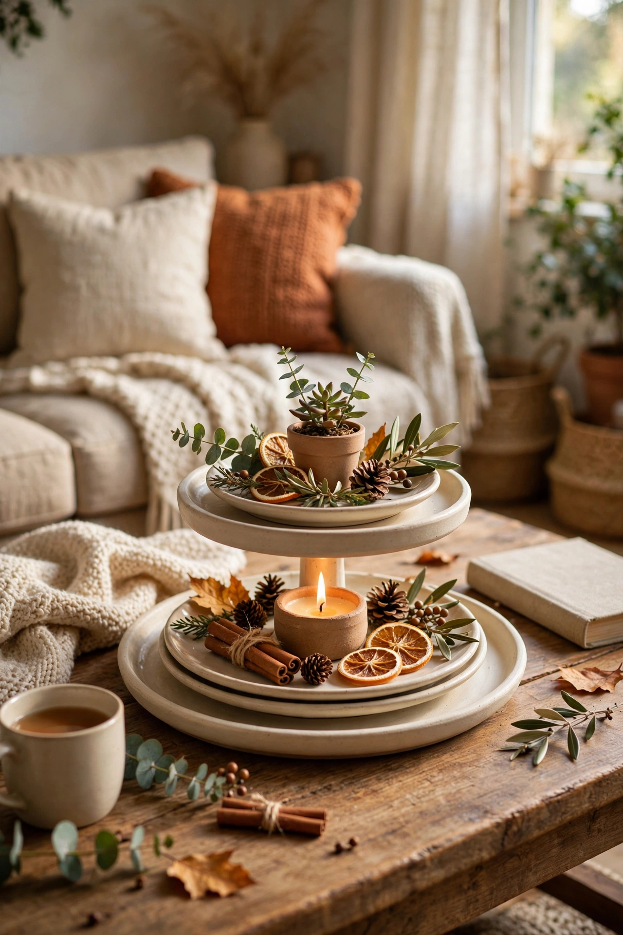 DIY dollar store tiered tray styled with a mini plant and candle on a coffee table