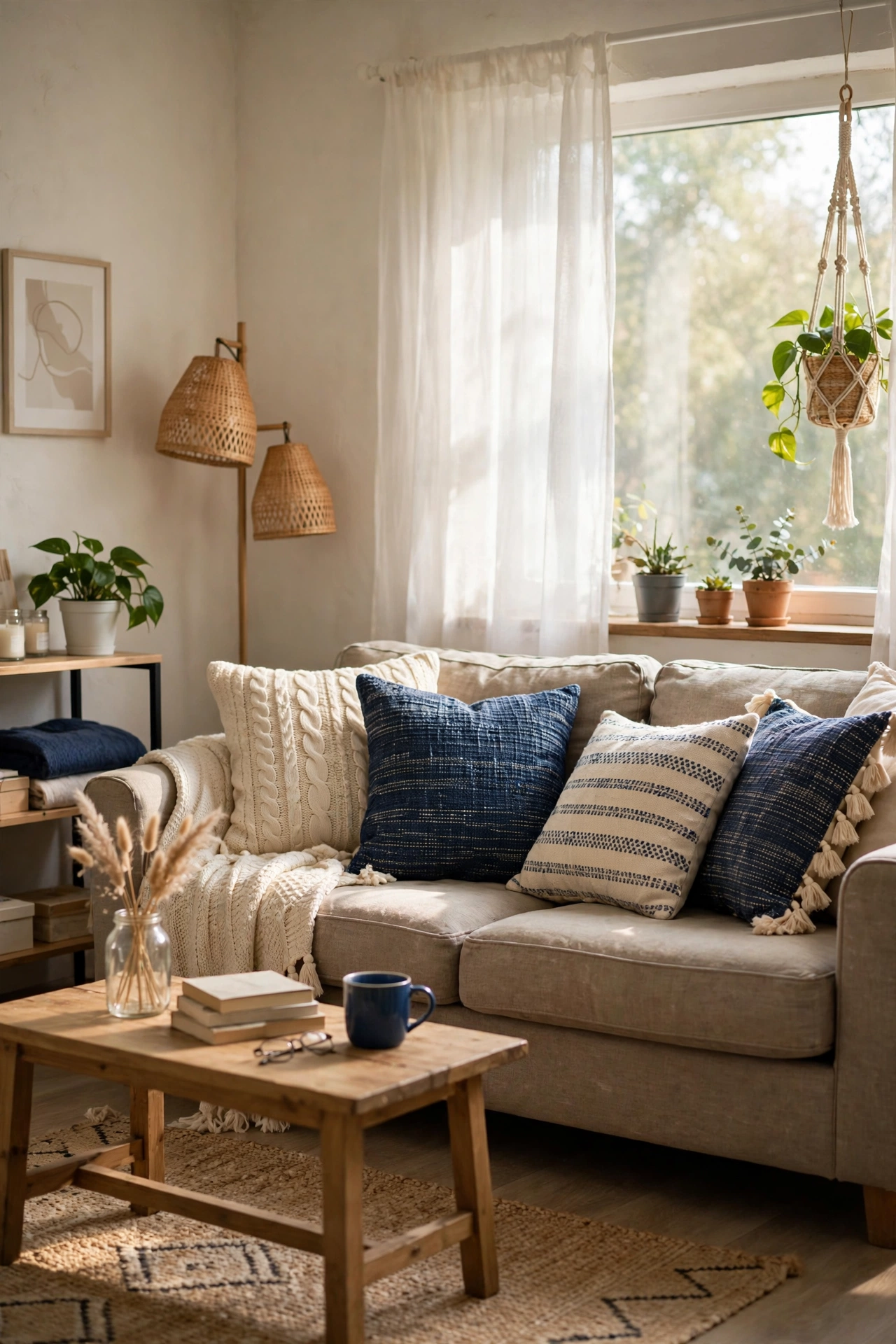 Dollar store pillow covers in mixed textures layered on a budget living room sofa