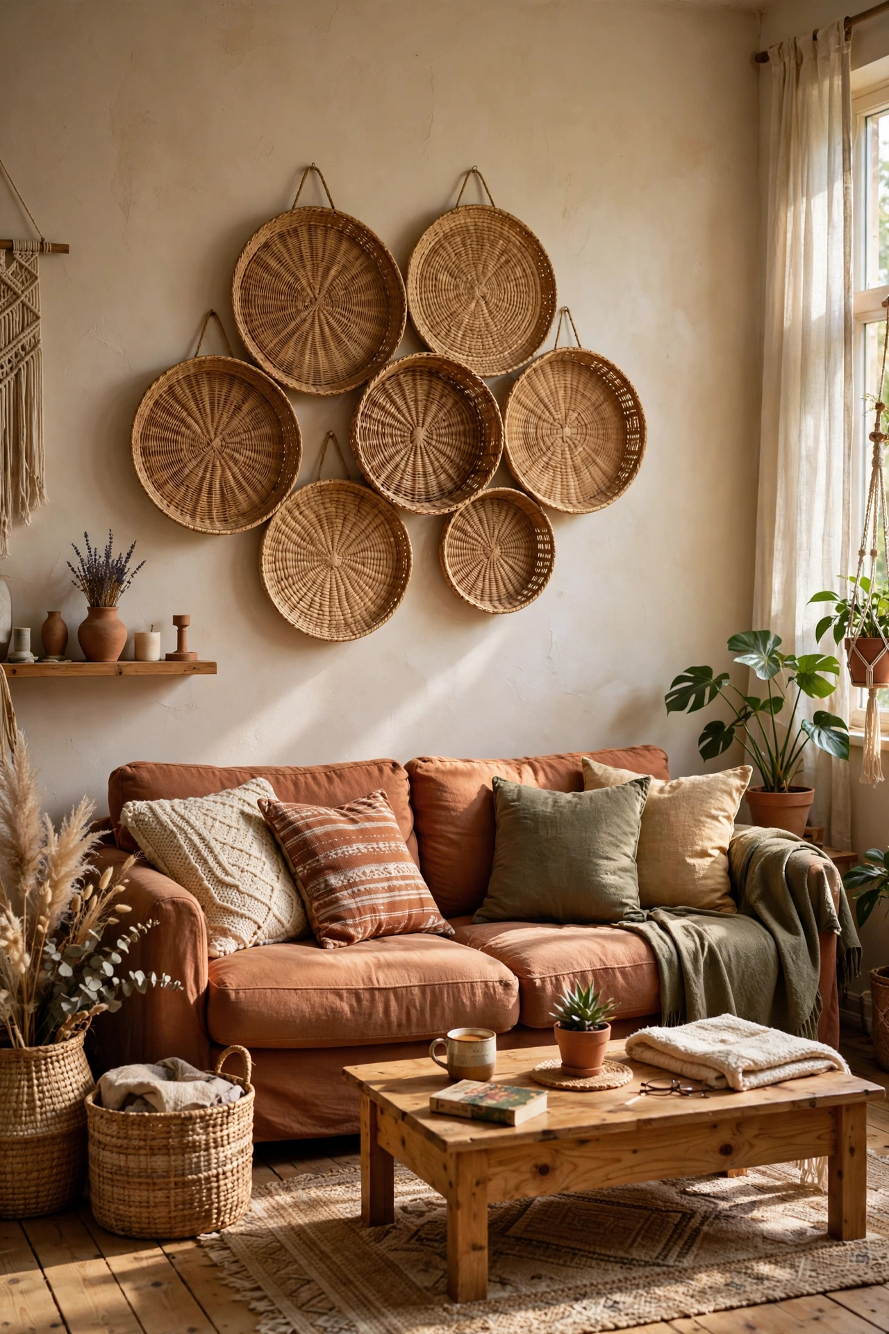 Cluster of flat woven baskets hung as wall decor above a living room sofa