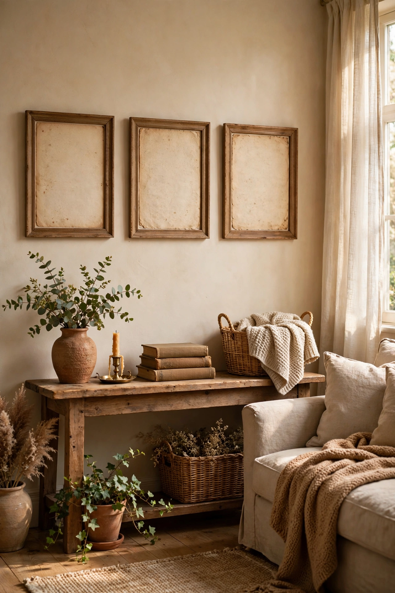 Framed vintage book pages as elegant wall art above a living room console table