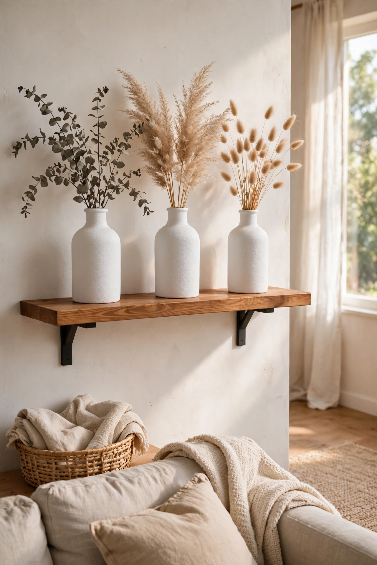 Dollar store glass vases spray painted matte white styled on a living room shelf
