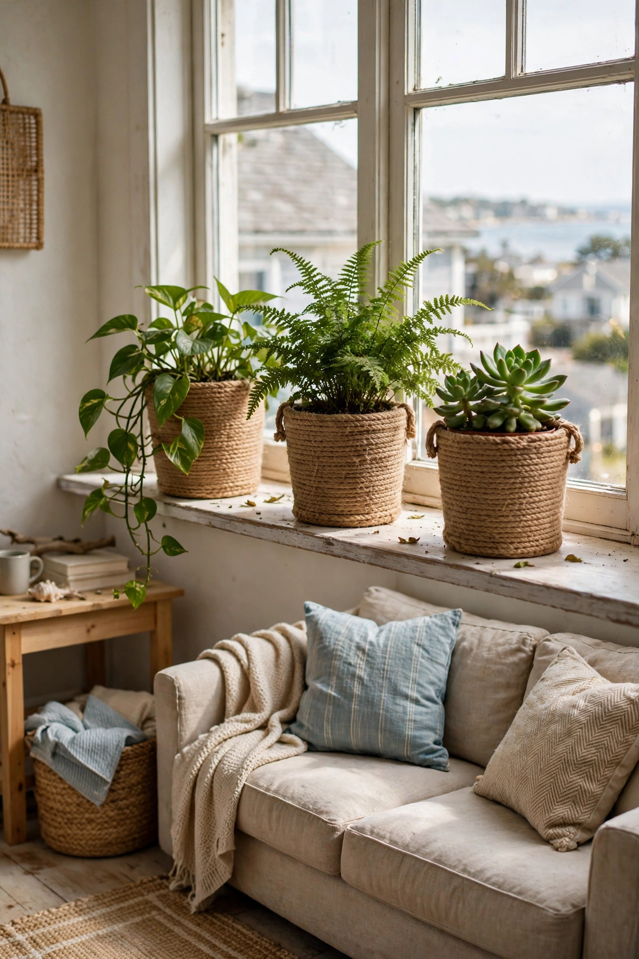 Plastic plant pots wrapped in jute rope with hot glue for a coastal budget look