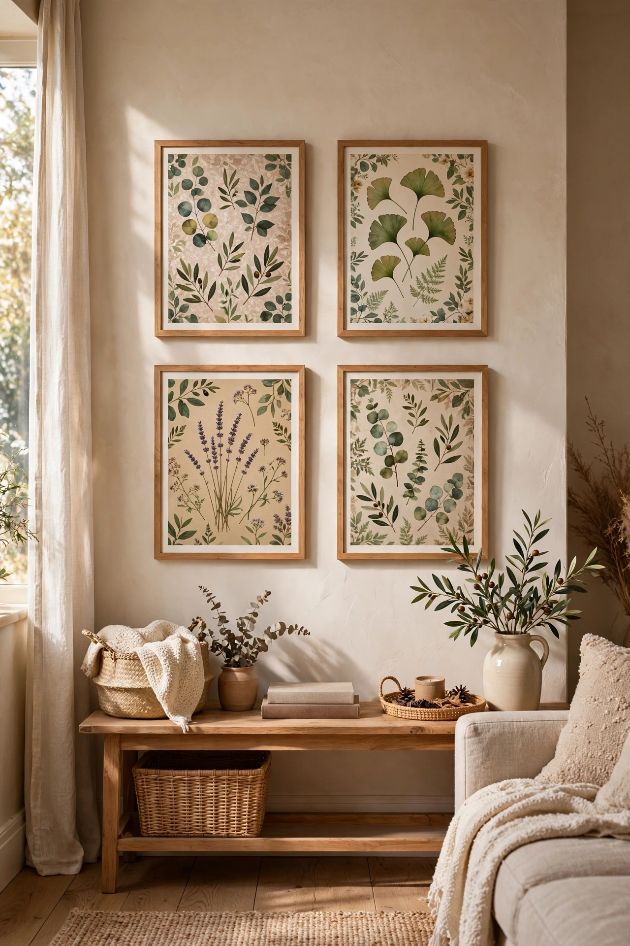 Beautiful wrapping paper cut and framed as affordable wall art in a living room