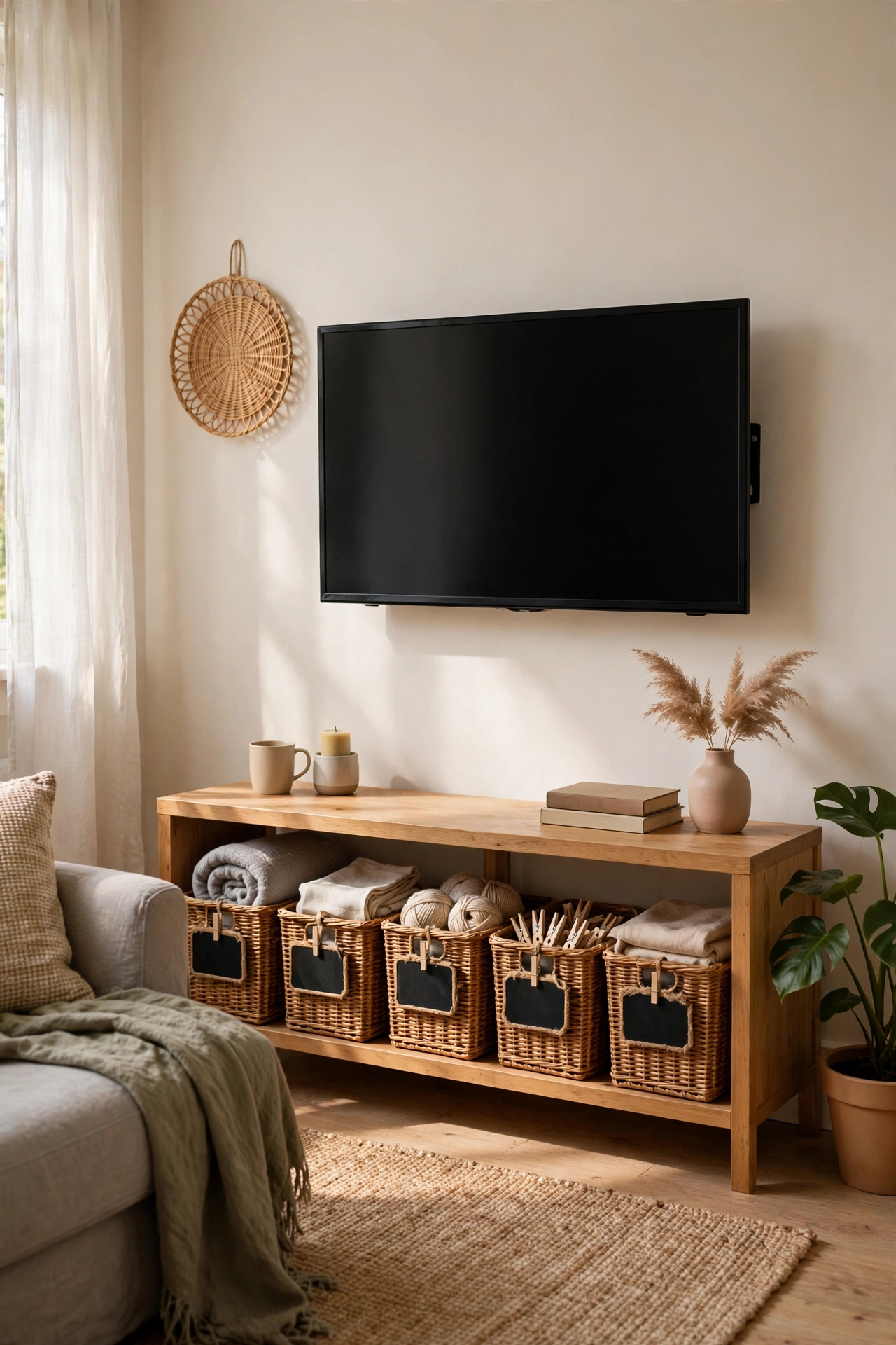 Storage baskets with chalkboard labels organized under a living room TV console