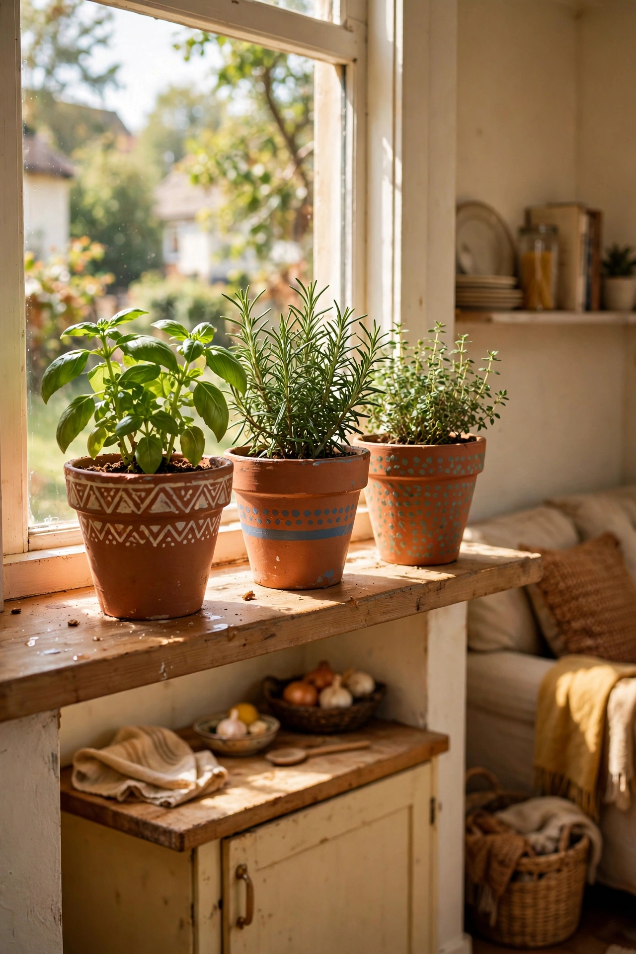 Dollar store pots painted to look like aged terracotta holding herbs on a windowsill