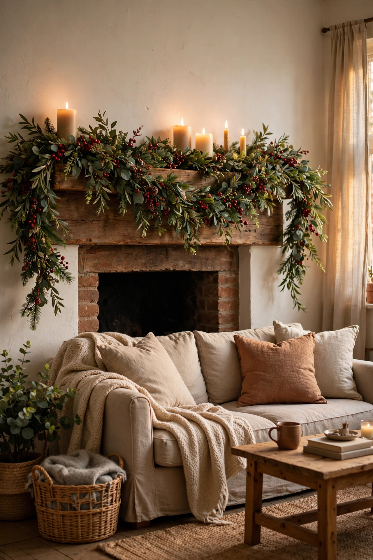 Layered dollar store garlands draped across a styled living room mantel