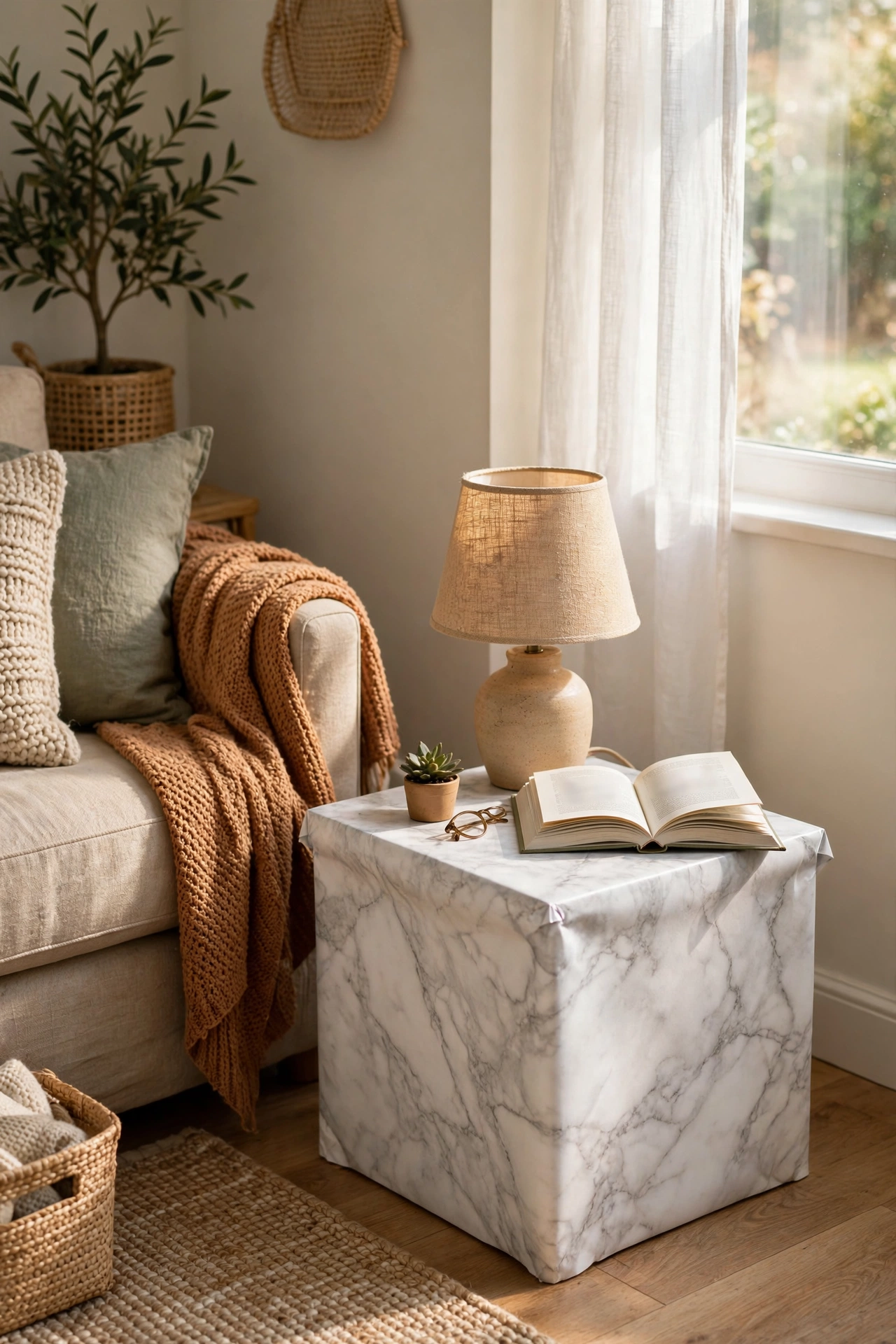 Side table refreshed with marble-look contact paper in a budget living room
