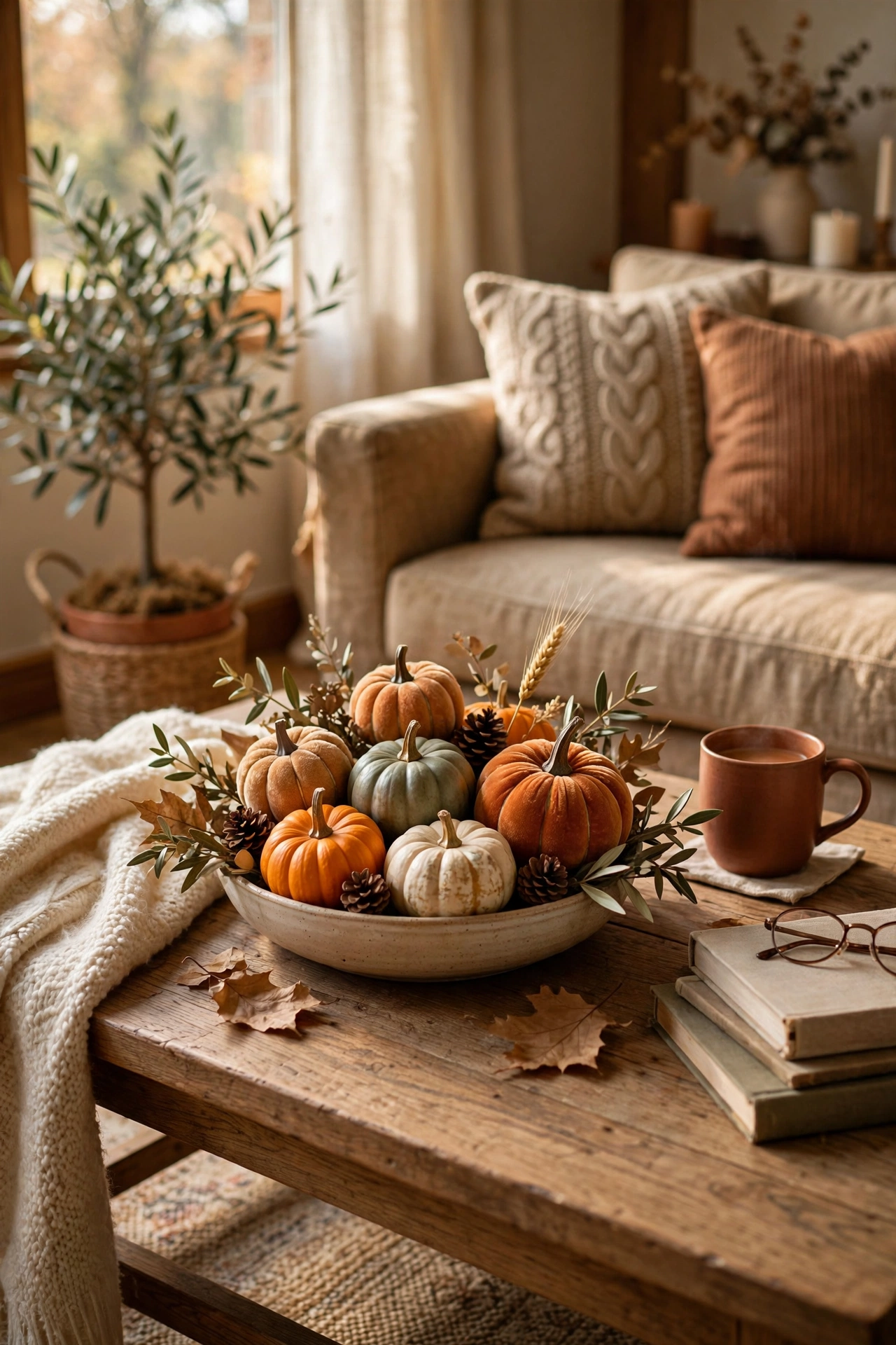 Budget Halloween living room decor with a cluster of mini pumpkins on a coffee table